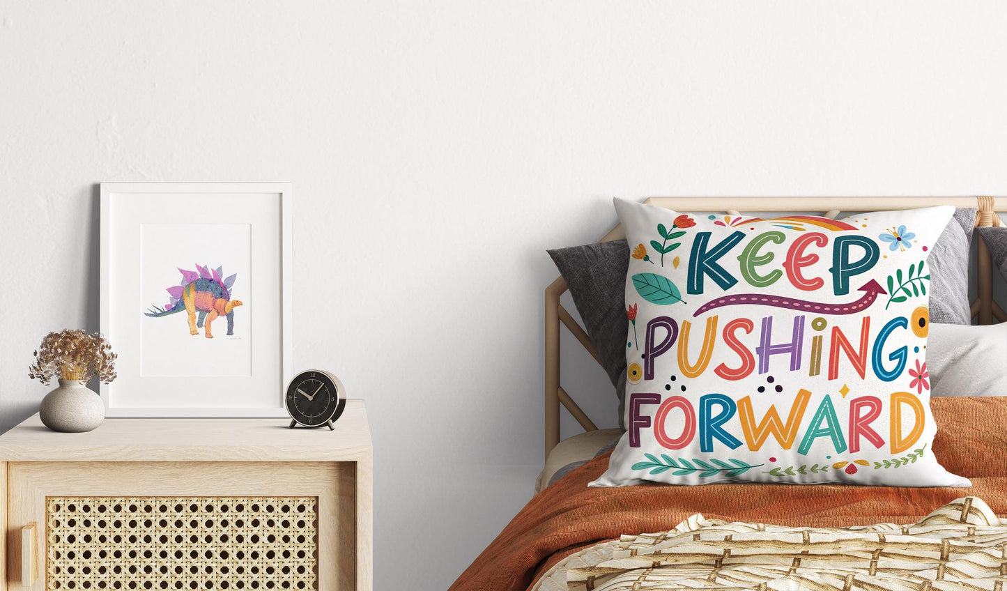 Hand Lettered &#39;Keep Pushing Forward&#39; Decorative Pillow | Whimsical Art | Unique Home Accent