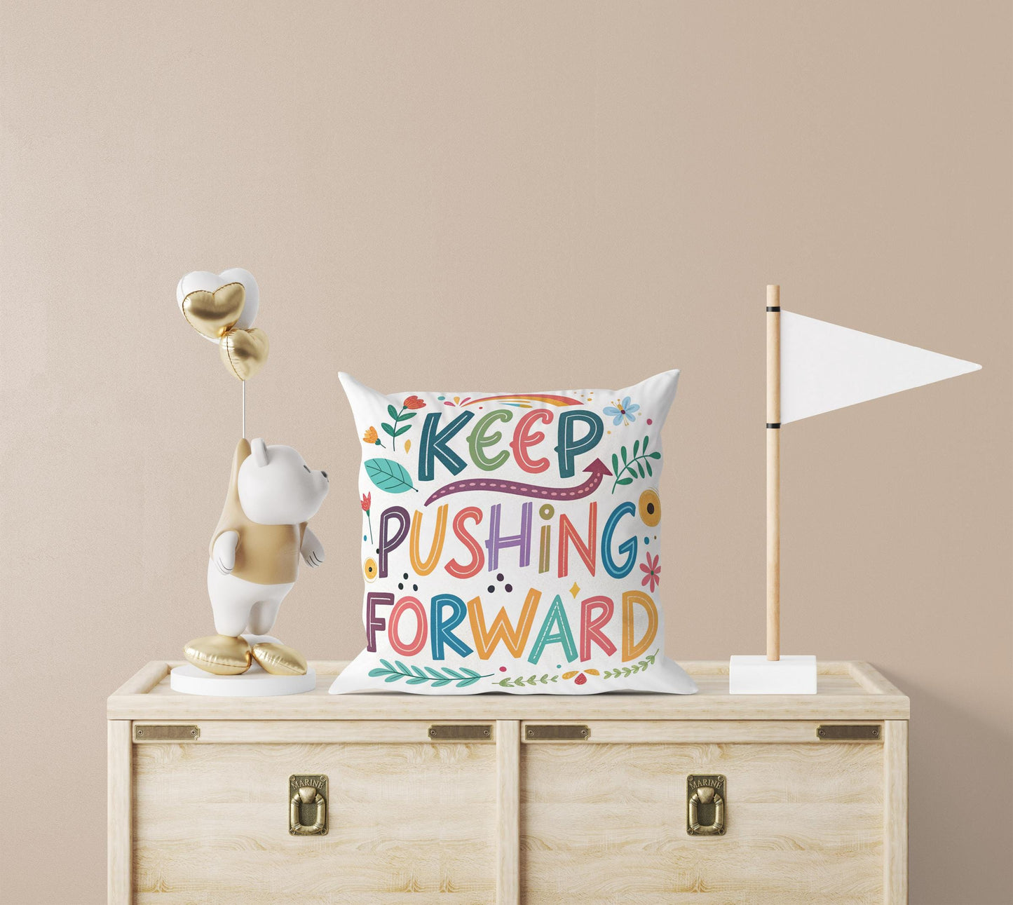 Hand Lettered &#39;Keep Pushing Forward&#39; Decorative Pillow | Whimsical Art | Unique Home Accent