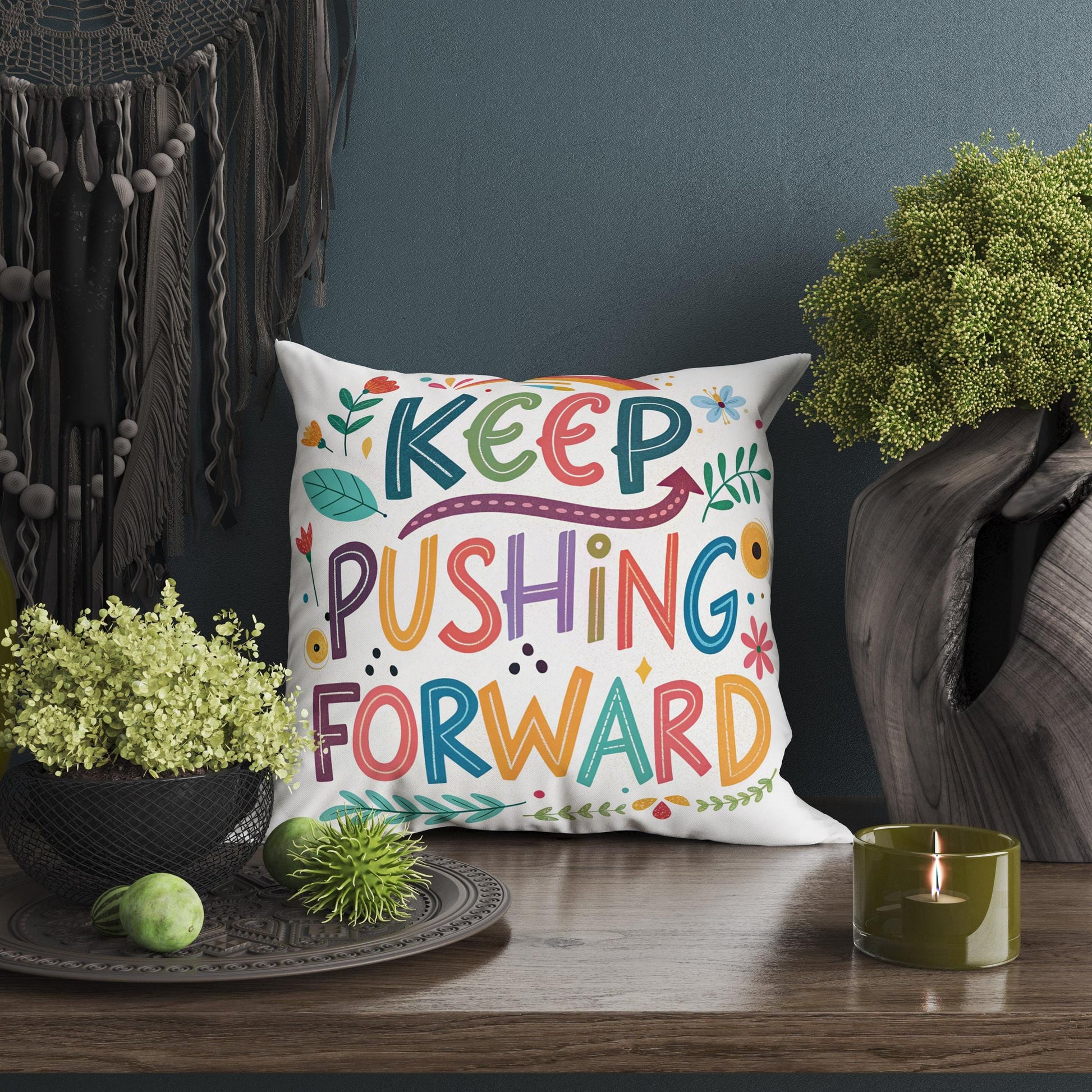 Hand Lettered &#39;Keep Pushing Forward&#39; Decorative Pillow | Whimsical Art | Unique Home Accent