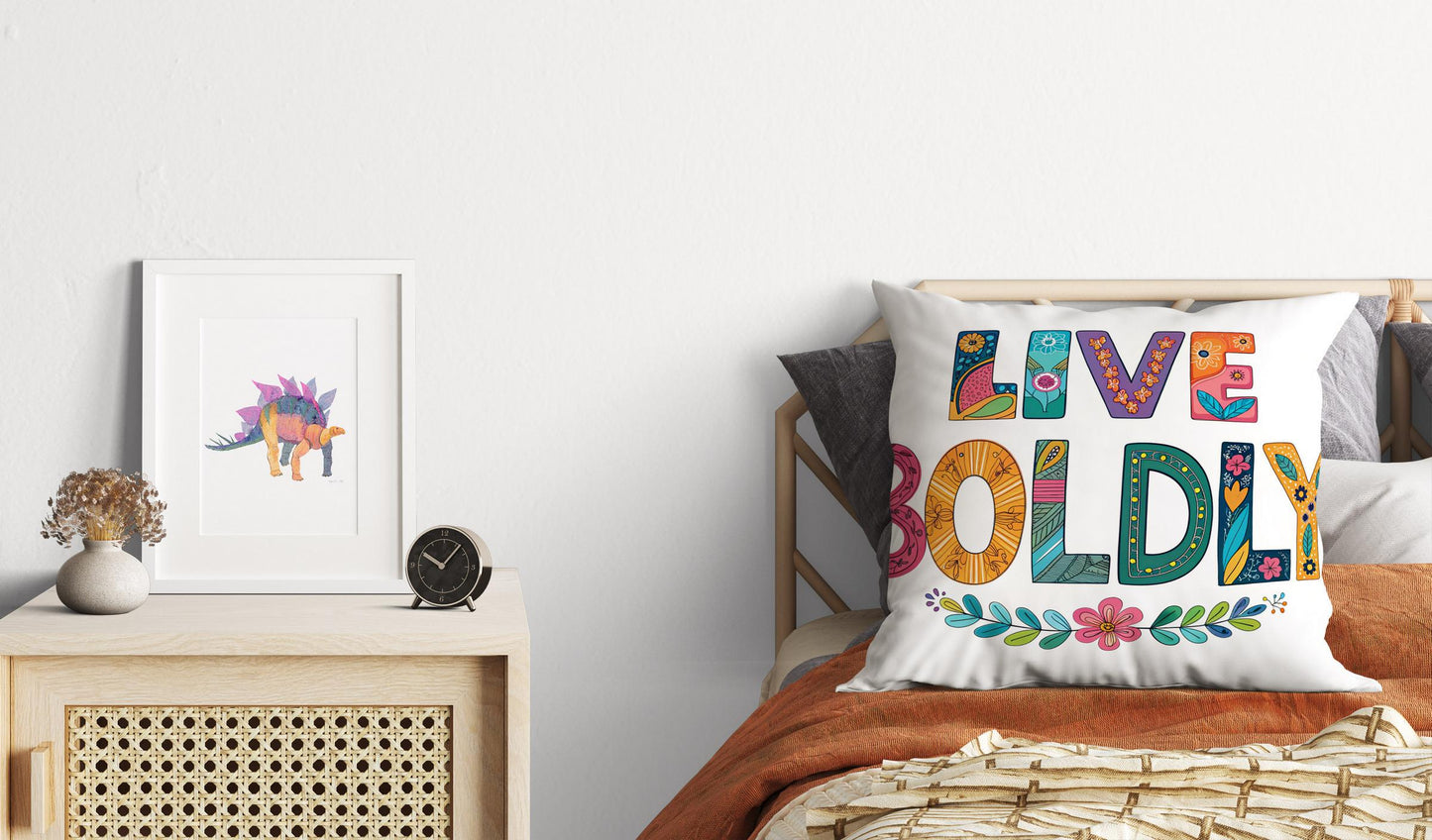 Hand Drawn &#39;Live Boldly&#39; Decorative Pillow | Colorful Folk Art Design | Unique Home Accent