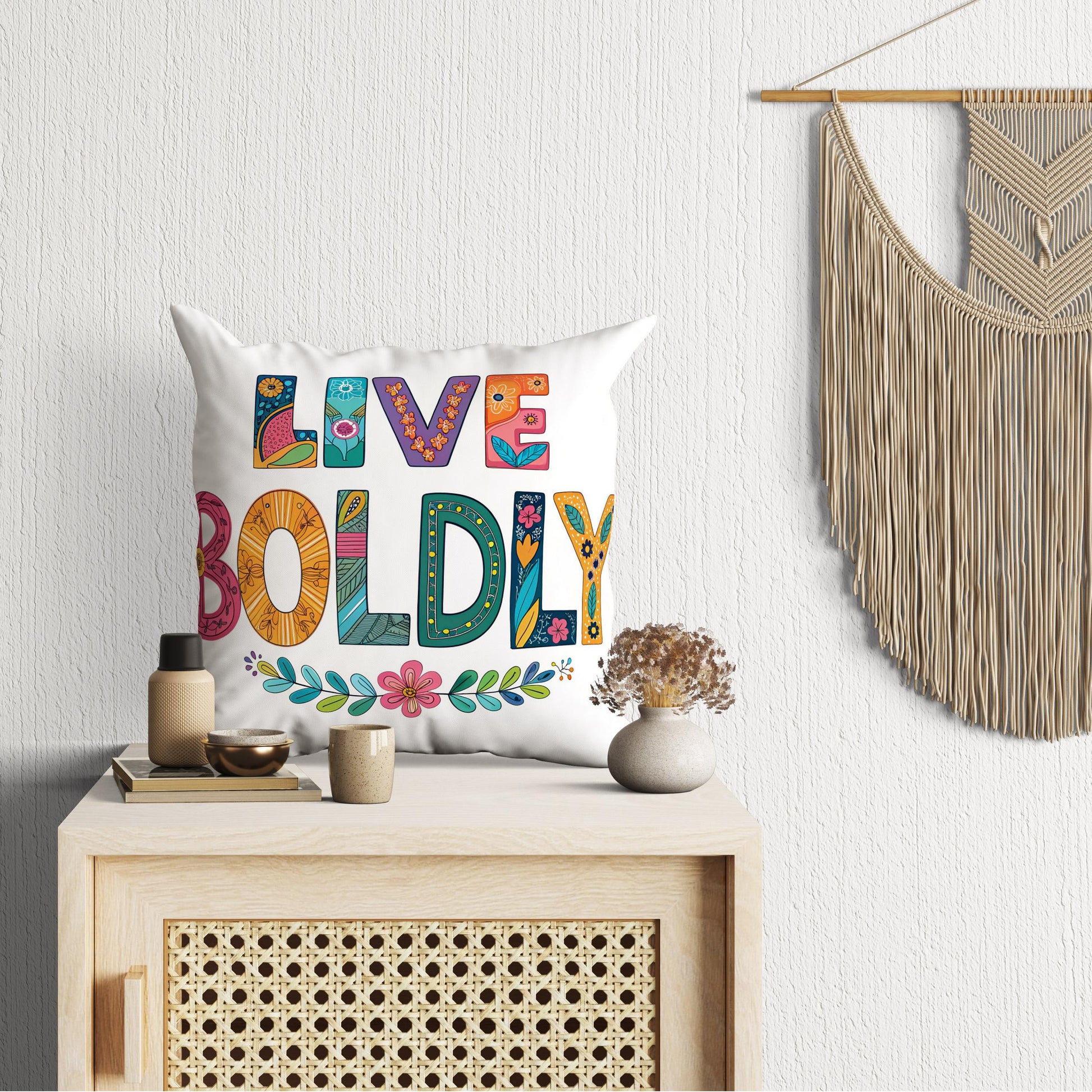 Hand Drawn &#39;Live Boldly&#39; Decorative Pillow | Colorful Folk Art Design | Unique Home Accent