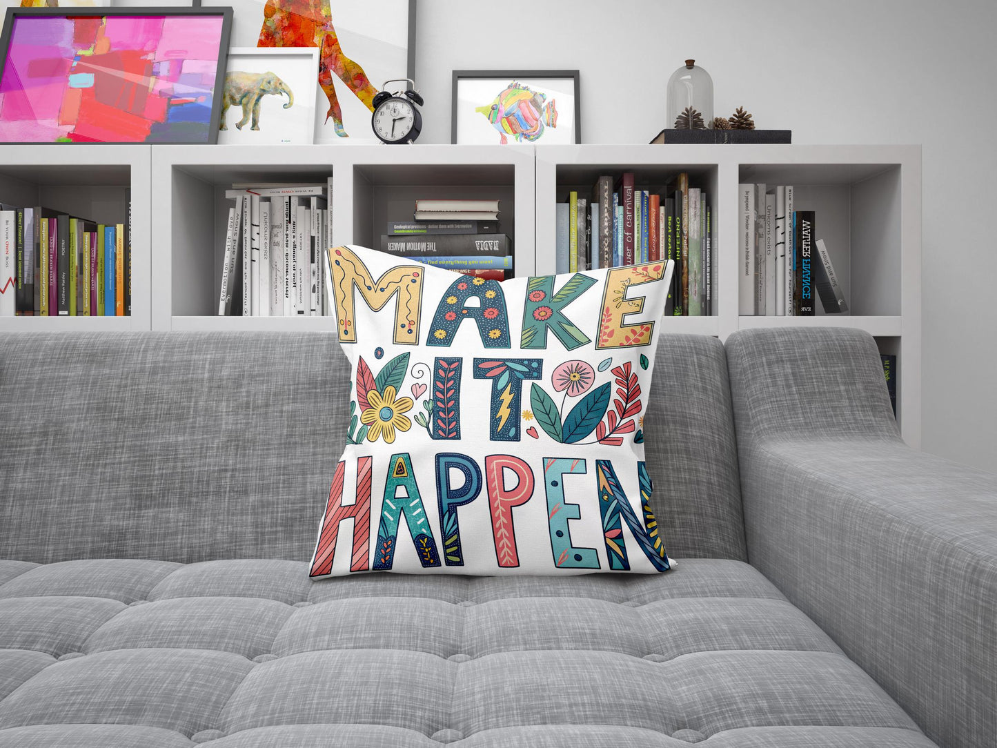 Make It Happen Motivational Pillow | Floral Typography Boho Home Decor | Inspirational Gift