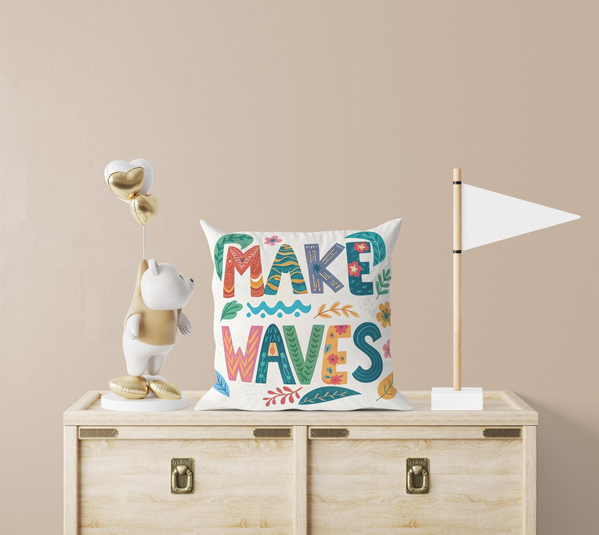 Artistic &#39;Make Waves&#39; Cushion | Boho Chic Floral Pillow | Empowering Home Decor