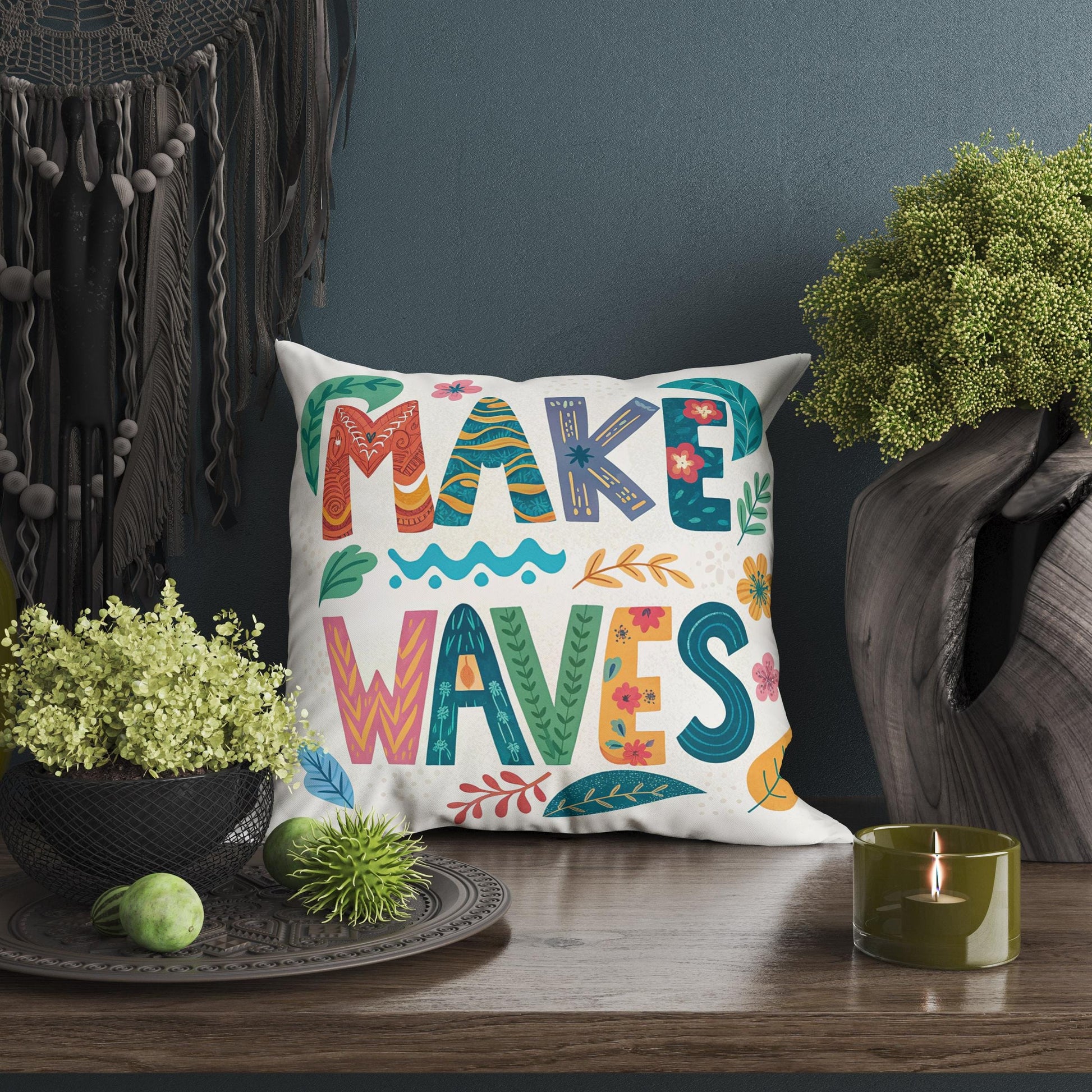 Artistic &#39;Make Waves&#39; Cushion | Boho Chic Floral Pillow | Empowering Home Decor