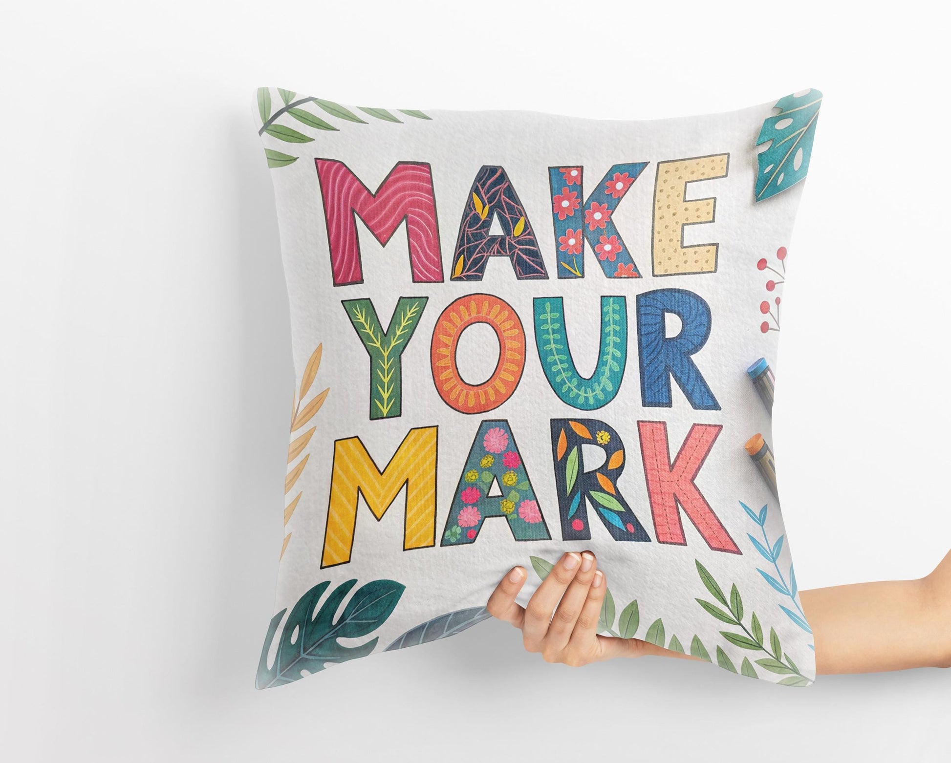 Bohemian Floral Throw Pillow | Vibrant &#39;Make Your Mark&#39; Typography | Positive Message Decor