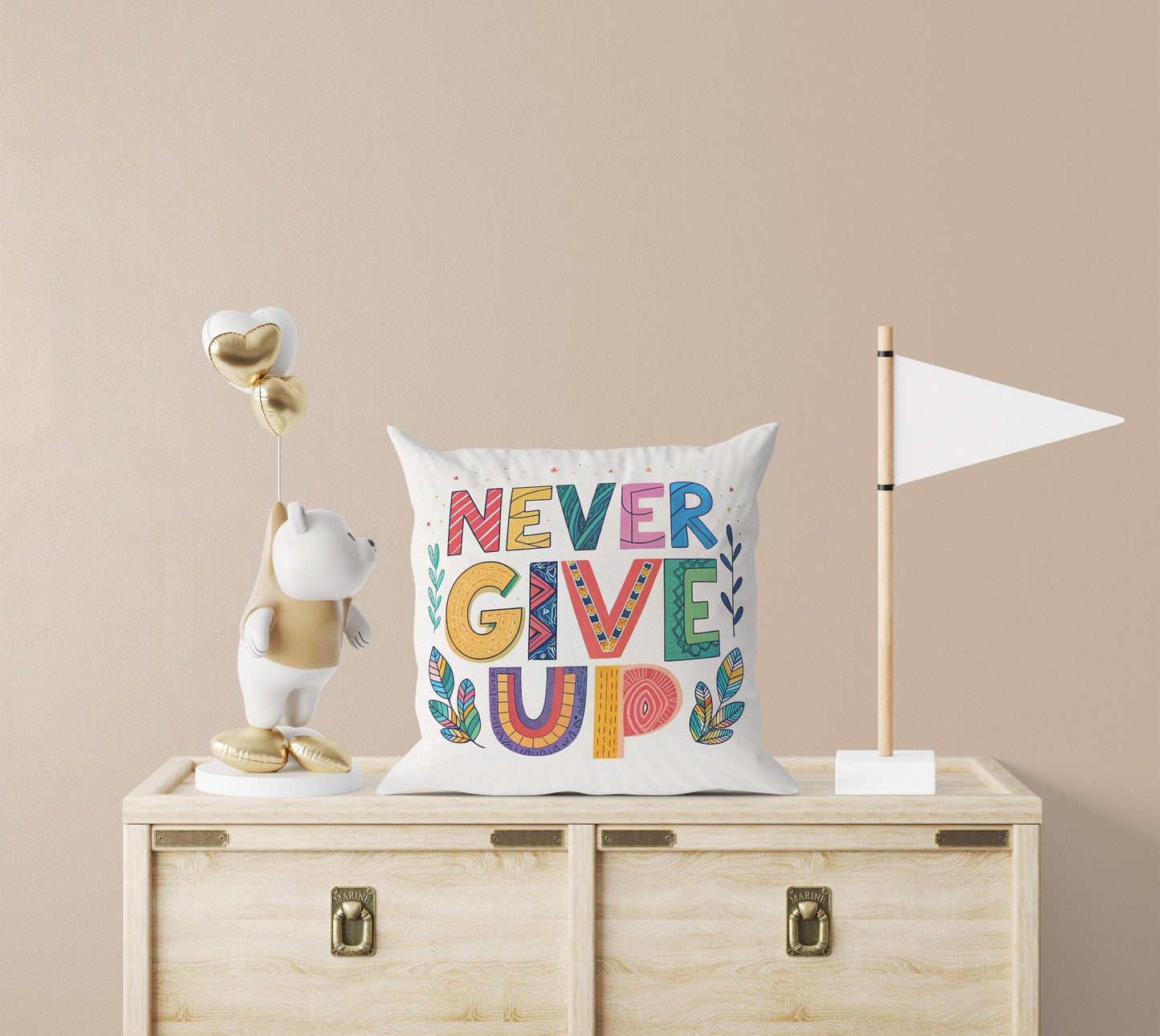 Never Give Up Motivational Pillow | Hand Lettered Boho Home Decor | Inspirational Gift