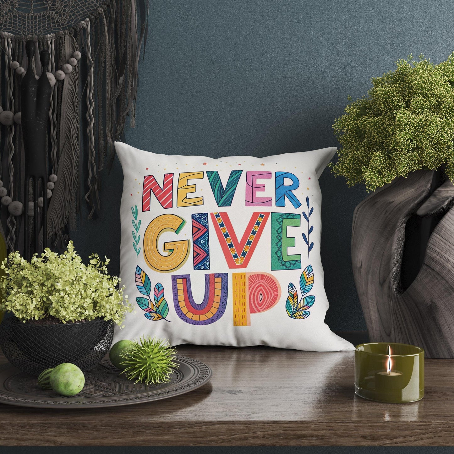 Never Give Up Motivational Pillow | Hand Lettered Boho Home Decor | Inspirational Gift