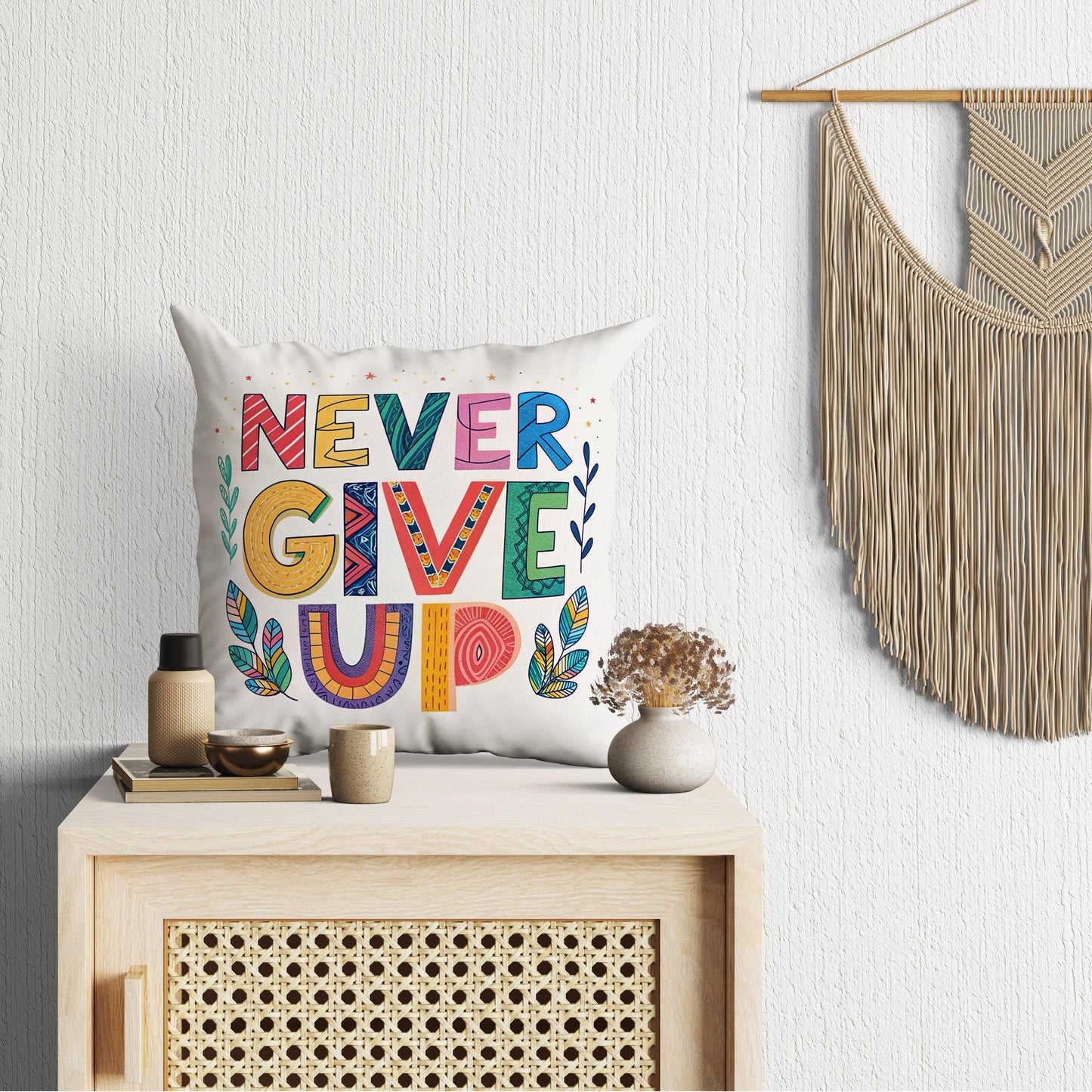 Never Give Up Motivational Pillow | Hand Lettered Boho Home Decor | Inspirational Gift