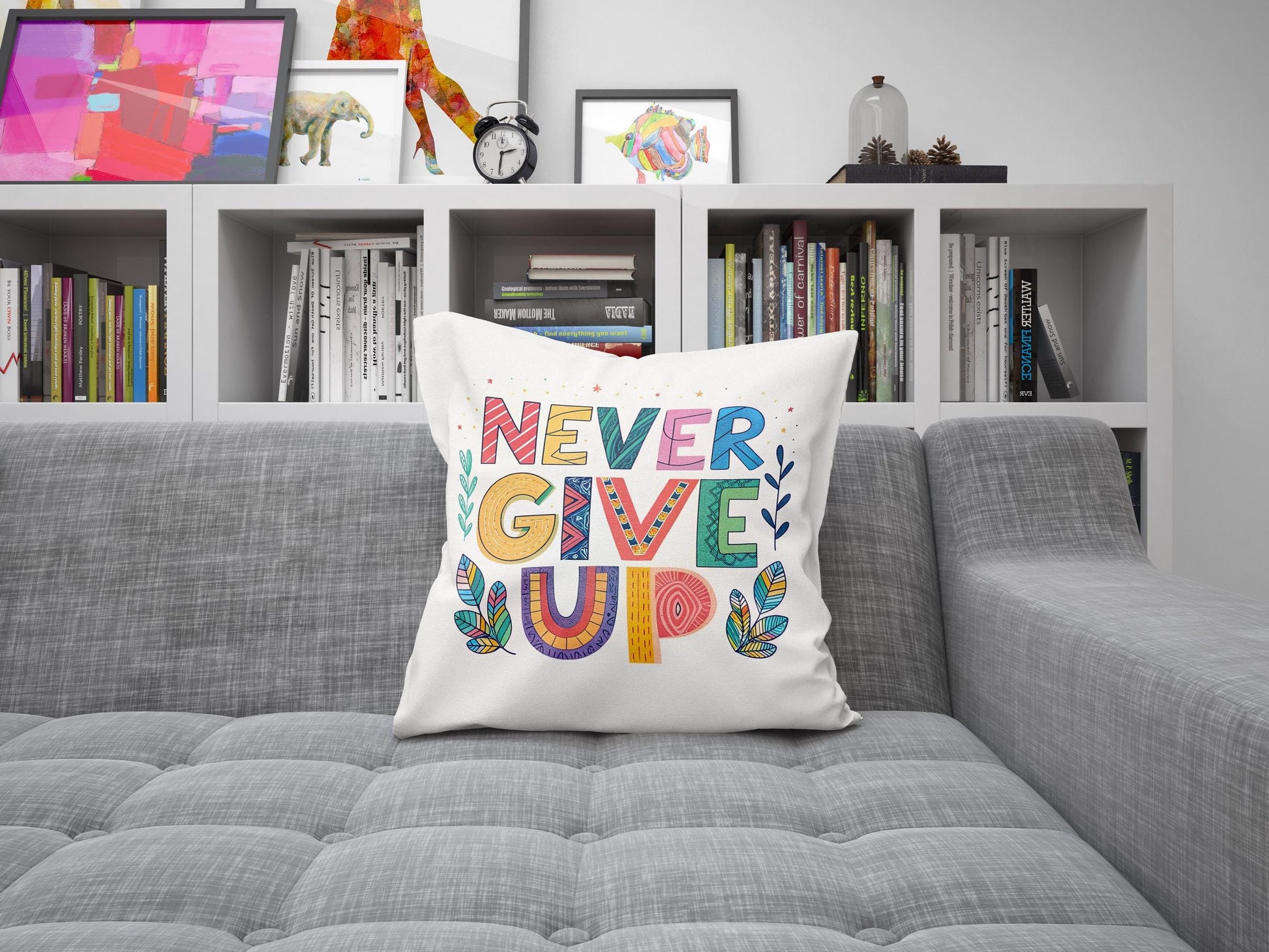 Never Give Up Motivational Pillow | Hand Lettered Boho Home Decor | Inspirational Gift