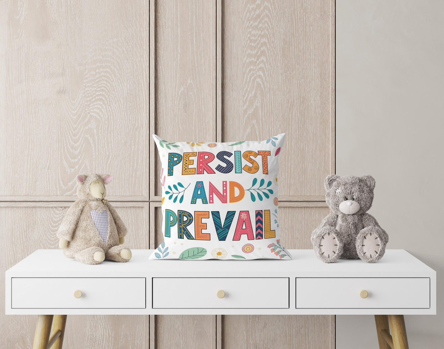 Hand Lettered &#39;Persist and Prevail&#39; Pillow | Colorful Folk Art | Encouraging Room Accent