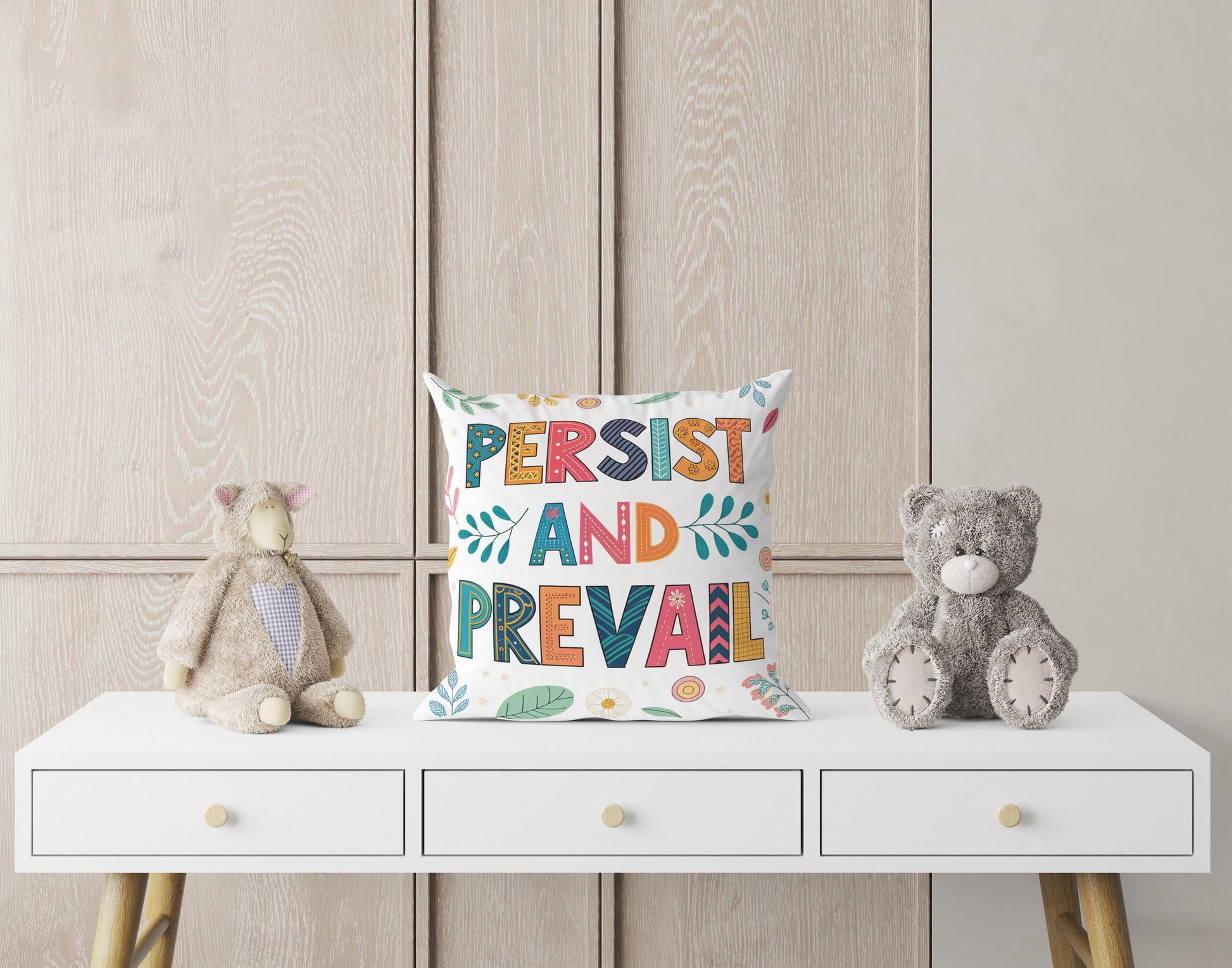 Hand Lettered &#39;Persist and Prevail&#39; Pillow | Colorful Folk Art | Encouraging Room Accent