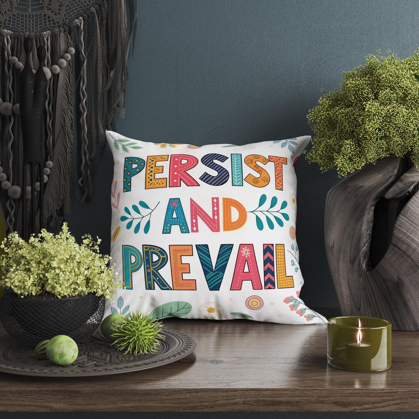 Hand Lettered &#39;Persist and Prevail&#39; Pillow | Colorful Folk Art | Encouraging Room Accent