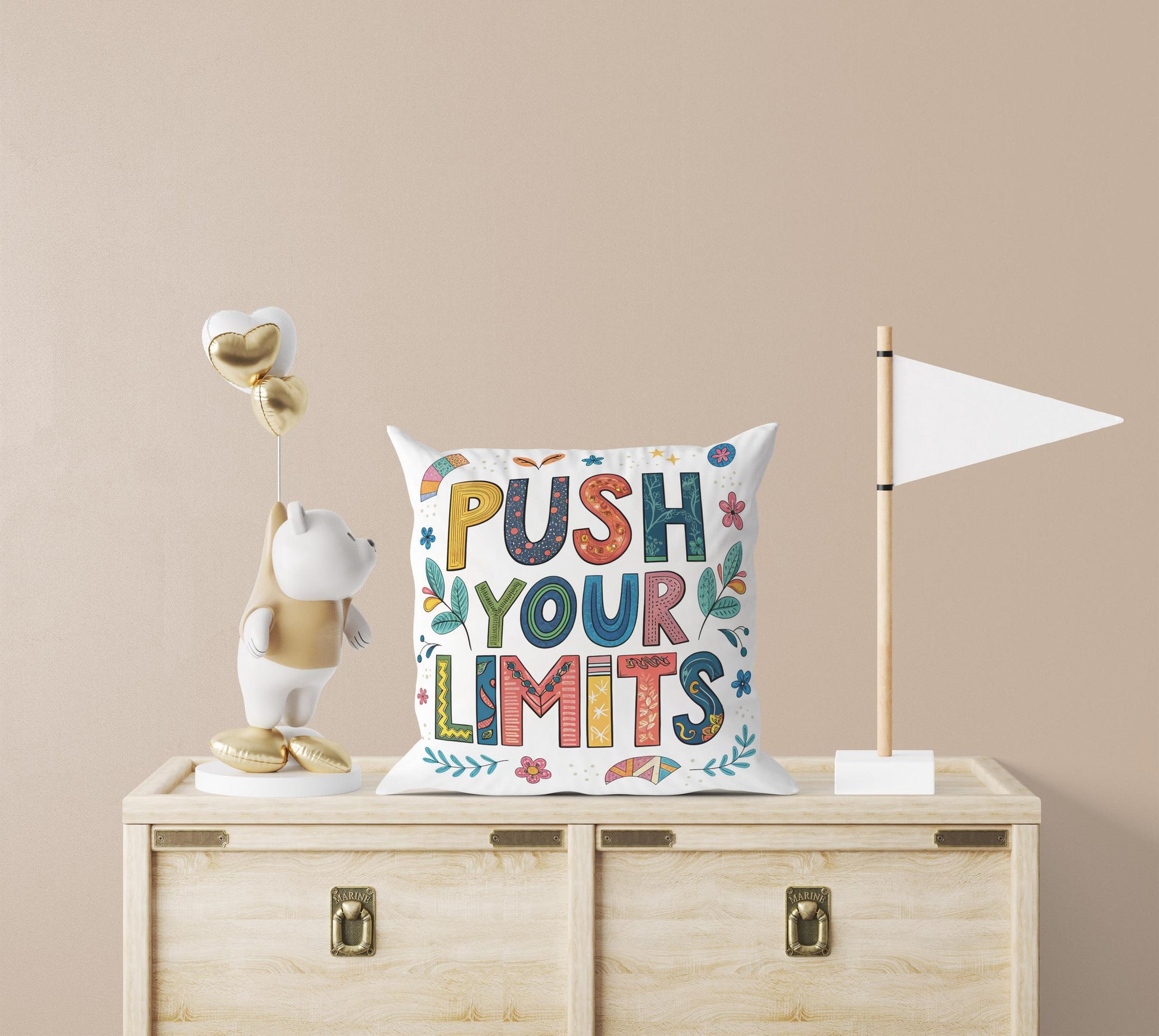 Vibrant Folk Art Pillow - Push Your Limits Quote - Decorative Cushion for Daily Inspiration