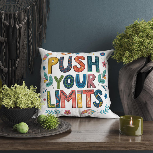 Vibrant Folk Art Pillow - Push Your Limits Quote - Decorative Cushion for Daily Inspiration