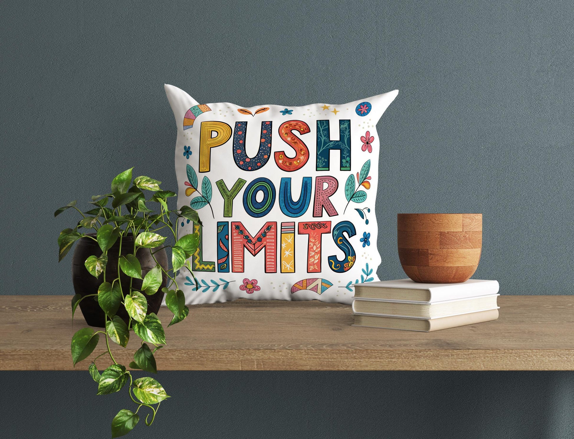 Vibrant Folk Art Pillow - Push Your Limits Quote - Decorative Cushion for Daily Inspiration