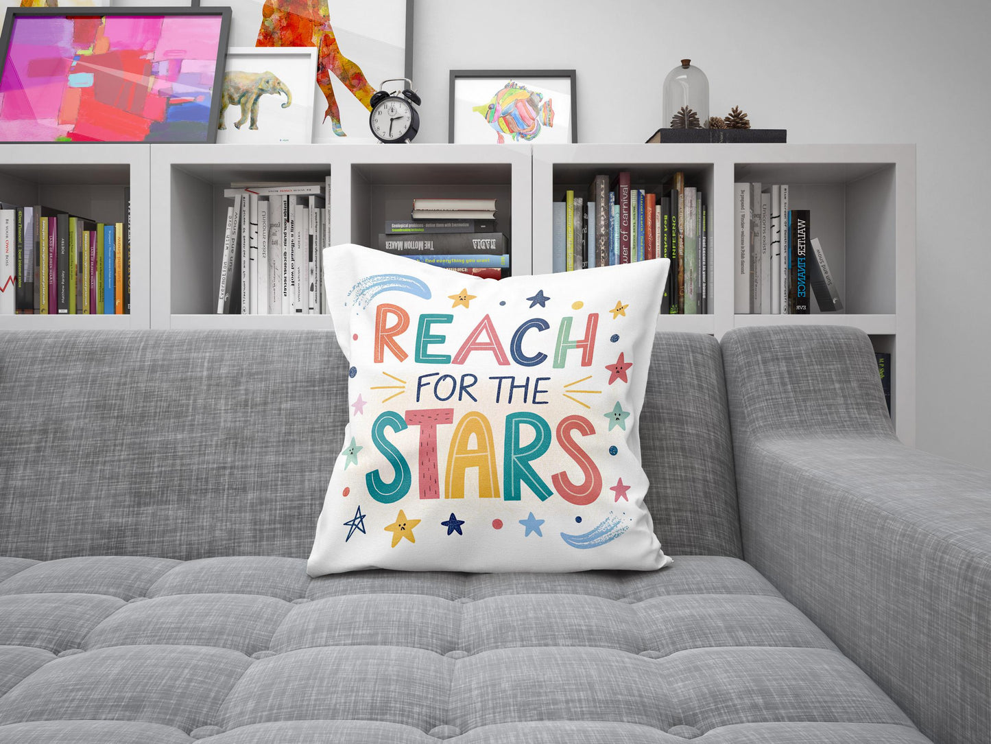 Colorful &#39;Reach for the Stars&#39; Throw Pillow | Nursery Decor | Cute Star Theme Cushion