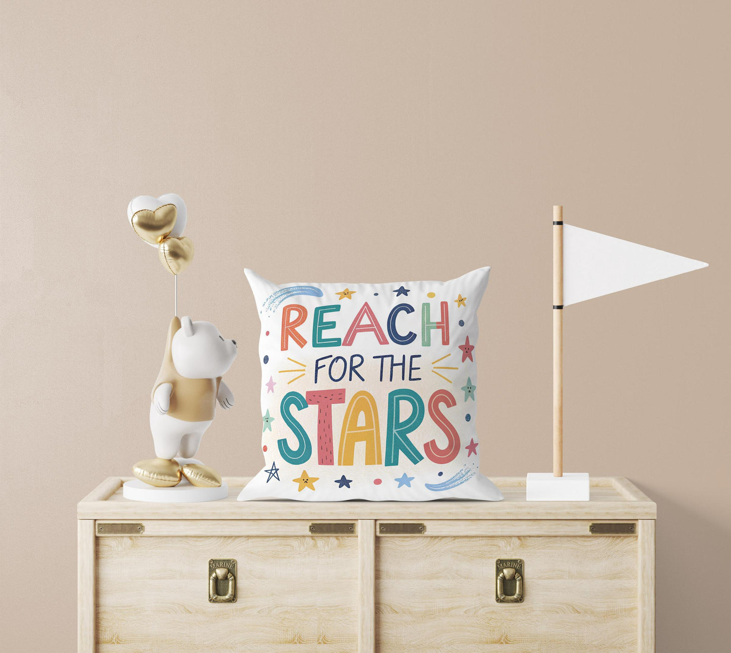 Inspirational Kids Pillow | Reach for the Stars Design | Colorful Nursery Decor