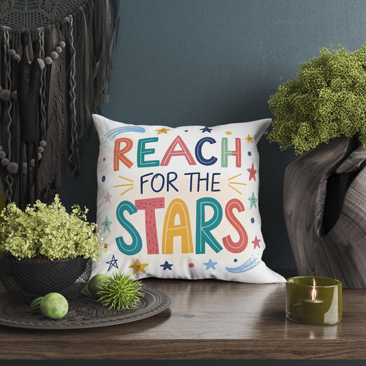 Reach for the Stars Motivational Pillow | Hand Lettered Kids Room Decor | Inspirational Gift