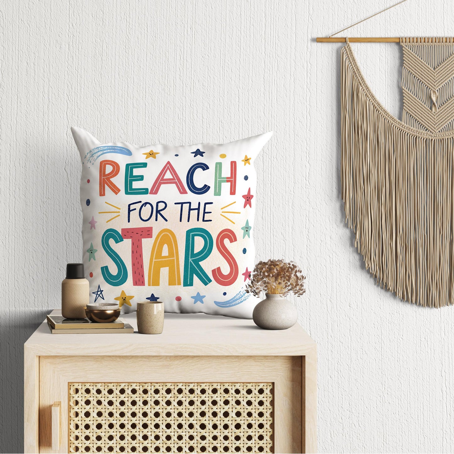 Dream Big &#39;Reach for the Stars&#39; Pillow | Colorful Kids Room Decor | Inspirational Gift