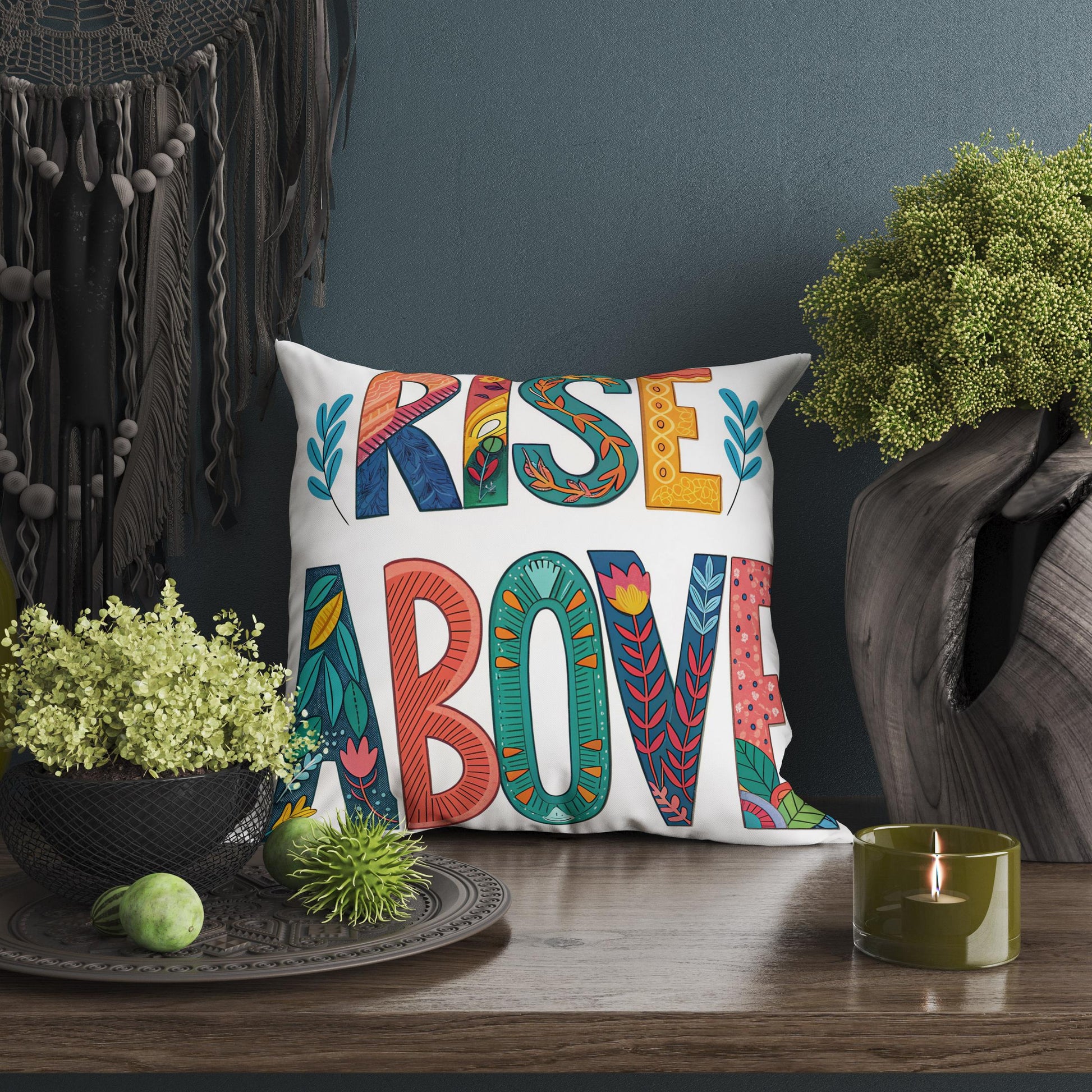 Rise Above Motivational Pillow | Hand Lettered Boho Home Decor | Inspirational Gift