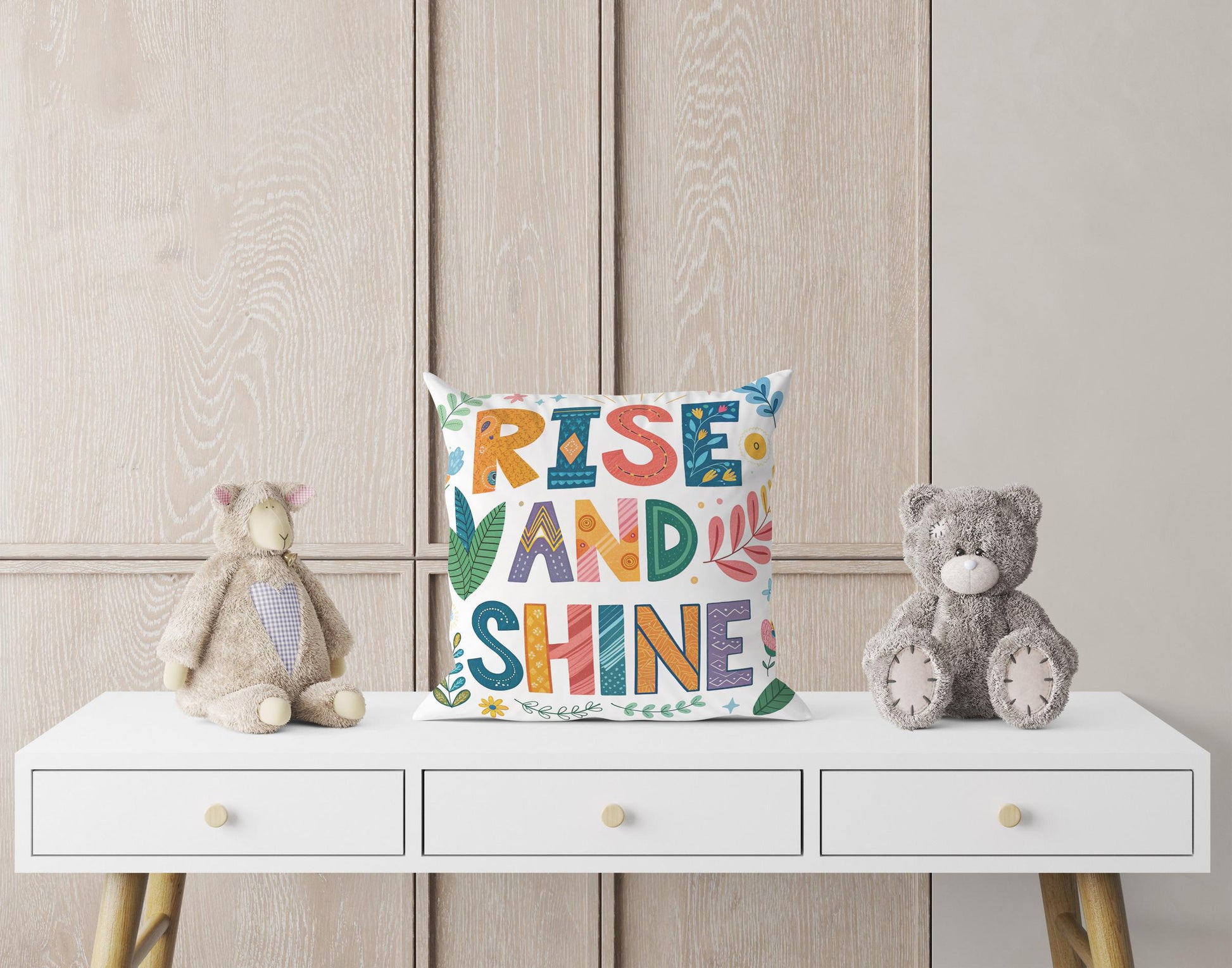 Positive Message Throw Pillow - Rise and Shine Quote - Whimsical George Miller Design