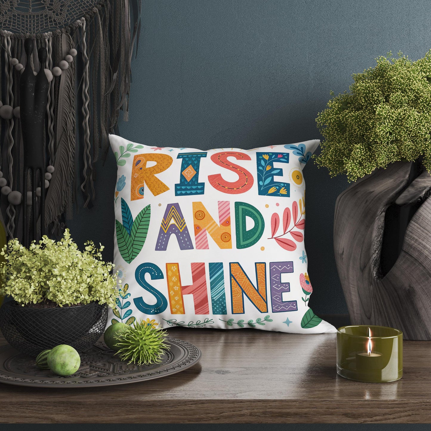 Floral Inspirational Pillow - Rise and Shine - Colorful Folk Art Home Accent