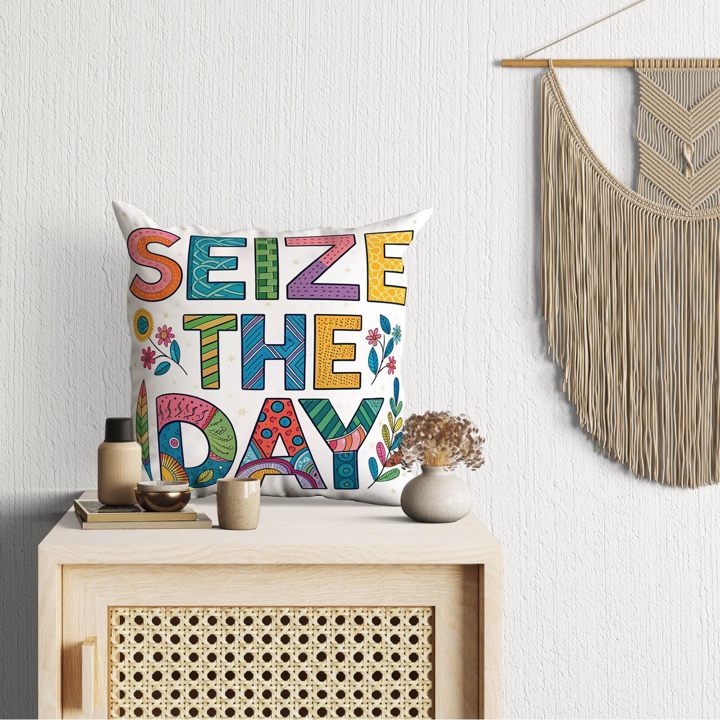 Seize The Day Pillow - Colorful Motivational Throw Cushion by George Miller