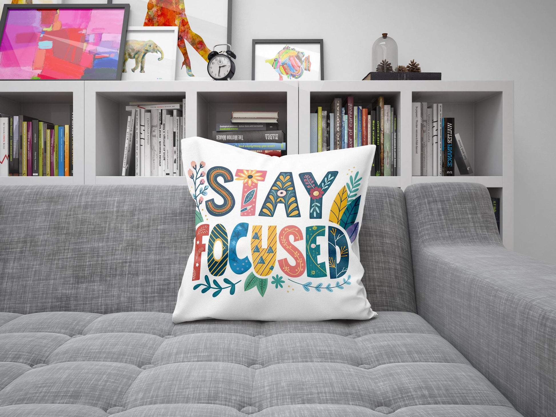 Colorful &#39;Stay Focused&#39; Throw Pillow | Floral Typography | Boho Home Office Accent