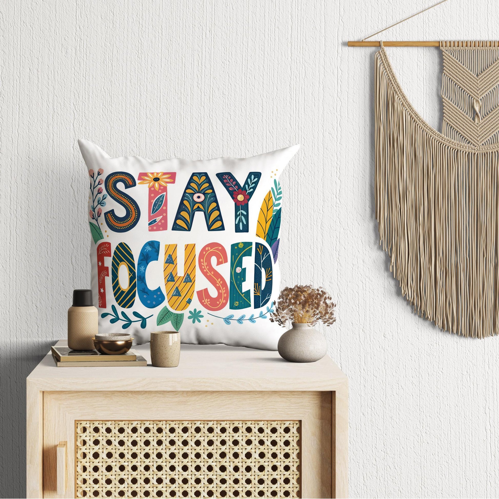 Empowering &#39;Stay Focused&#39; Throw Pillow | Colorful Folk Design | Inspirational Decor