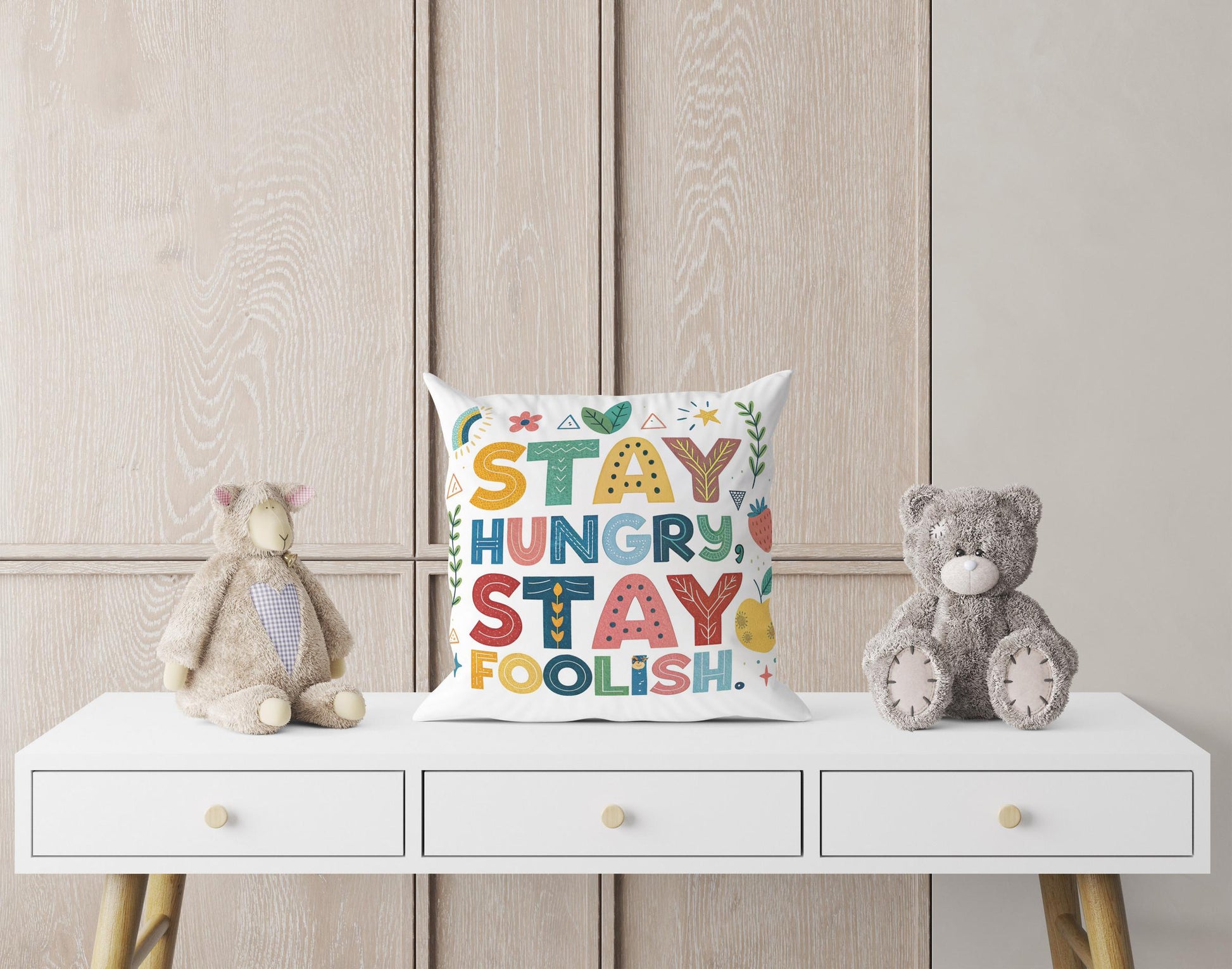 Hand-Drawn Quote Pillow - Stay Hungry Stay Foolish - Vibrant Folk Art Inspirational Home Decor