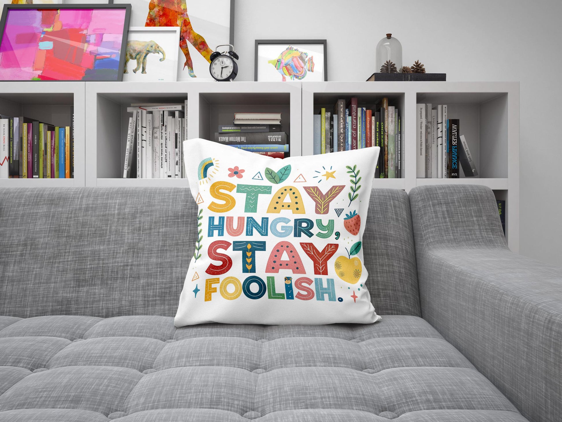 Vibrant Folk Art Pillow - Stay Hungry Stay Foolish Quote - Decorative Cushion for Entrepreneurs