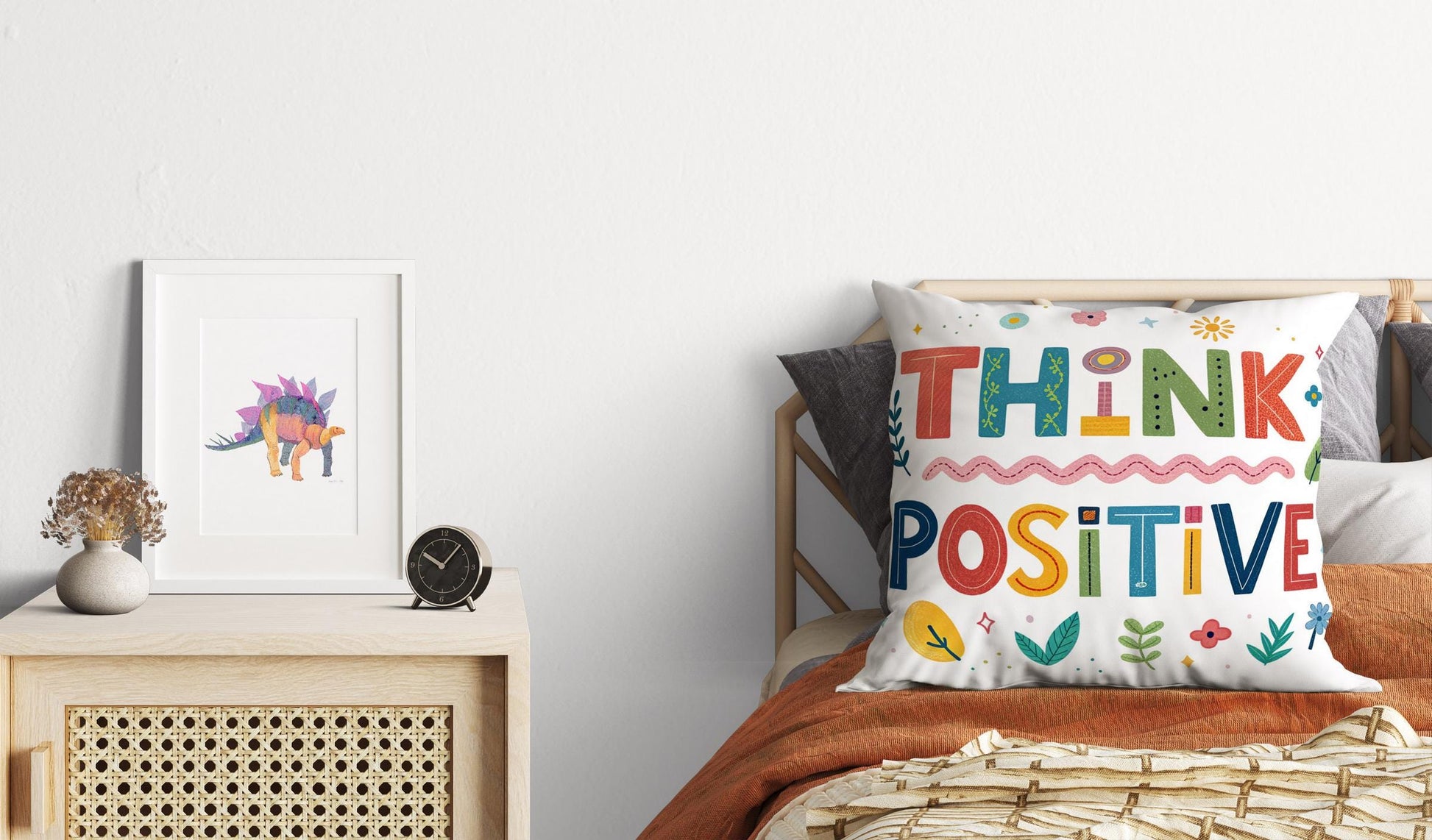 Vibrant &#39;Think Positive&#39; Throw Pillow | Fun Typography | Cheerful Home Office Accent