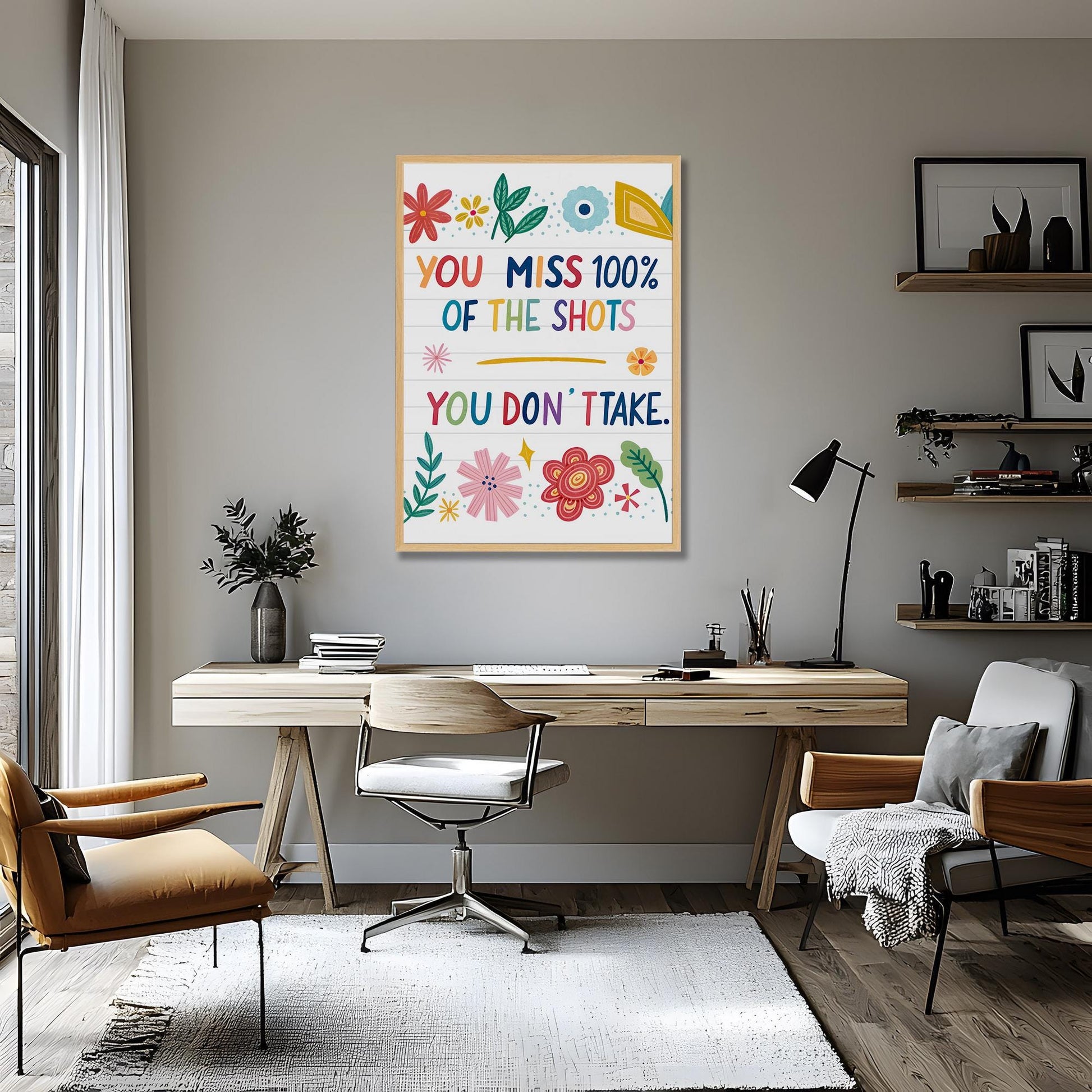 Study Area Motivation | You Miss 100% Quote | Colorful Typography Art | Canvas or Digital Print