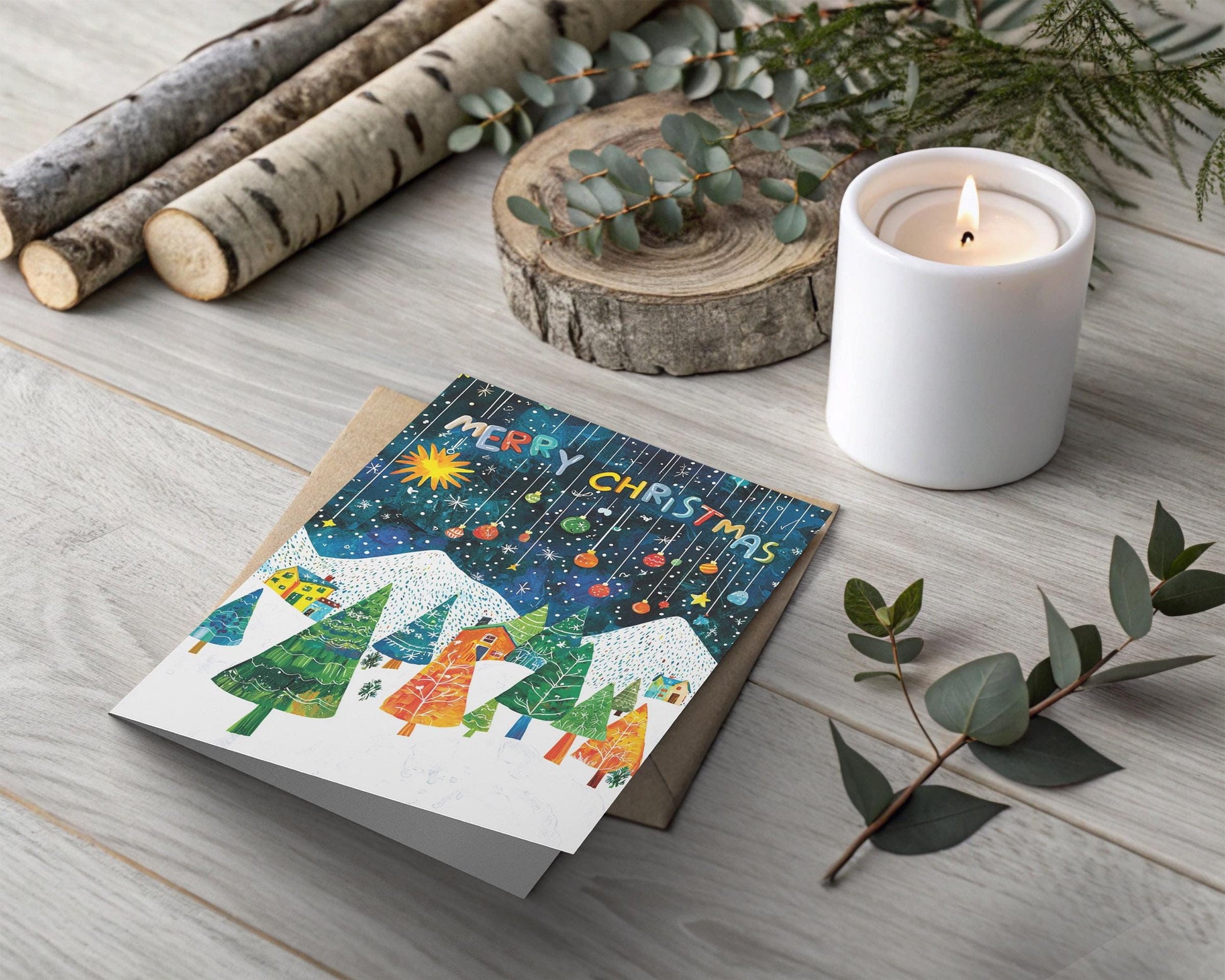 Festive Night Scene Card | George Miller Christmas Design | Colorful Holiday Illustration