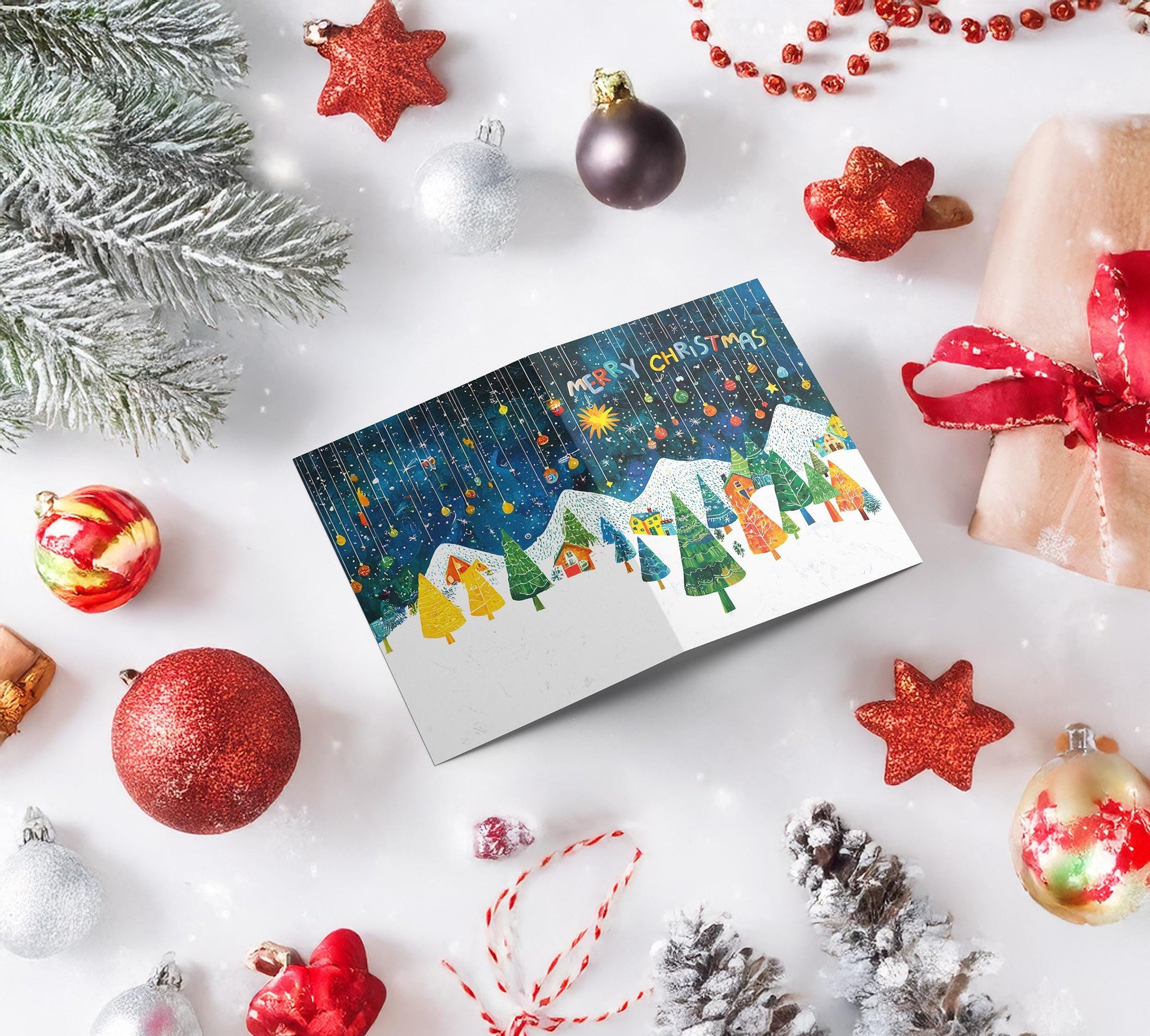 Festive Night Scene Card | George Miller Christmas Design | Colorful Holiday Illustration