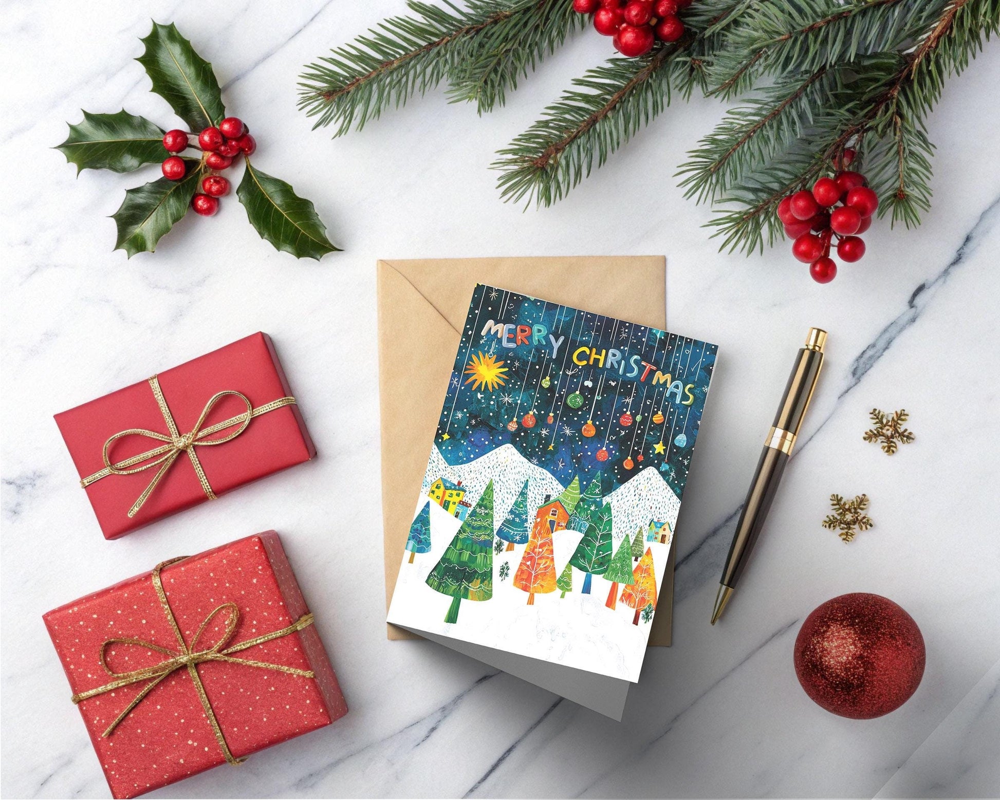 Artistic Christmas Trees Card | Festive Night Scene | George Miller Design | Holiday Art