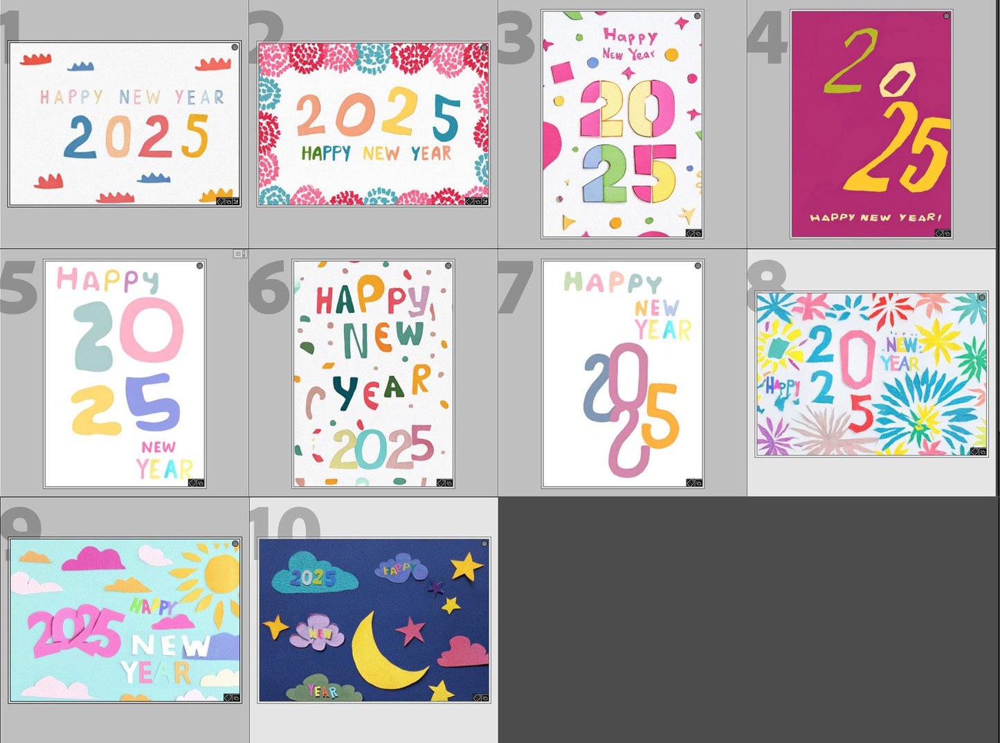 New Year 2025 Cards Colorful Modern Typography Happy New Year Greetings Artistic Designs Set of 10