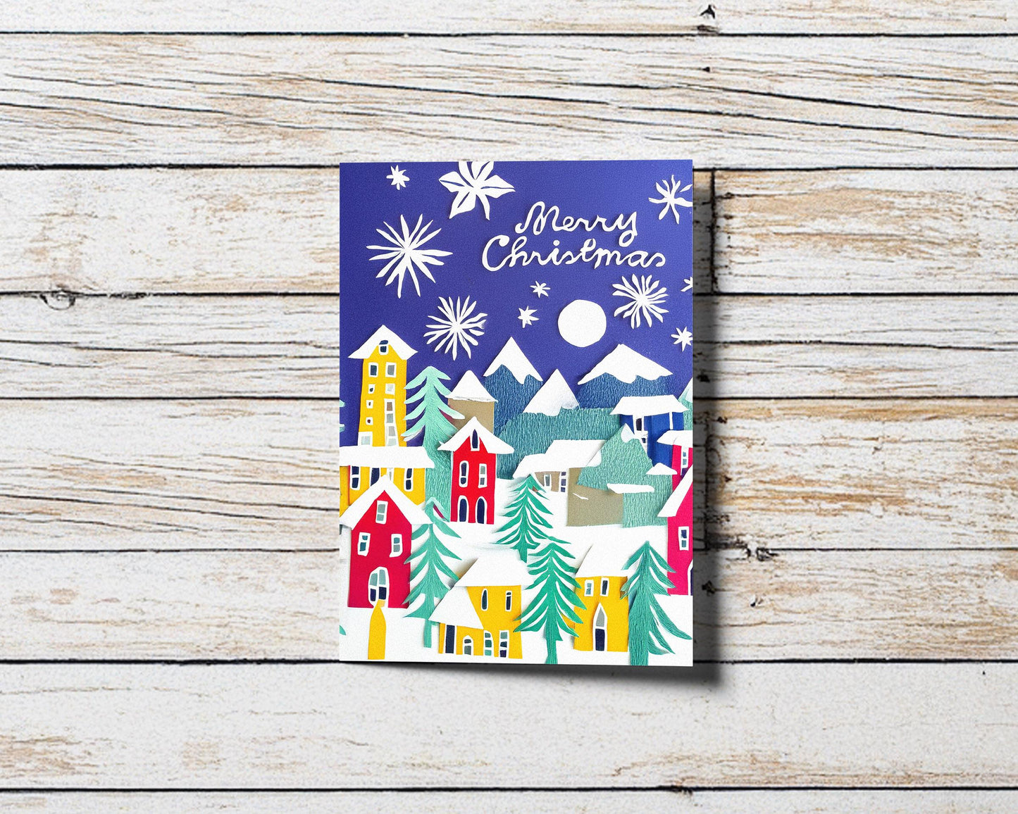 Colorful Xmas Houses Card Modern Christmas Art Unique Holiday Design Festive Illustration