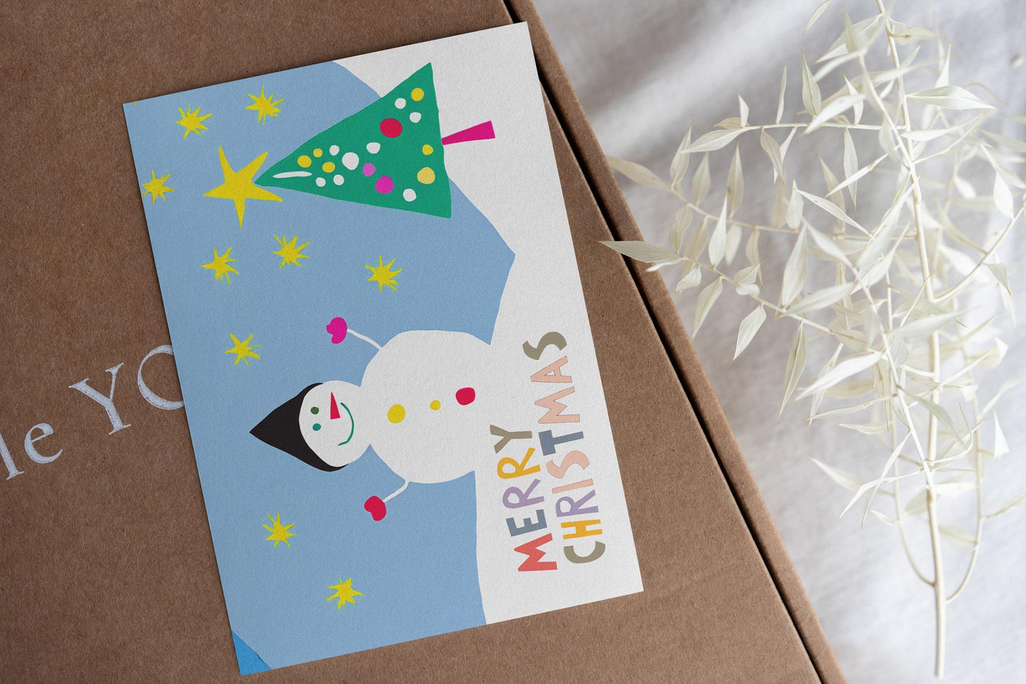 Stylized Christmas Tree Card | Modern Holiday Art | Colorful Festive Greeting | Snowman Design