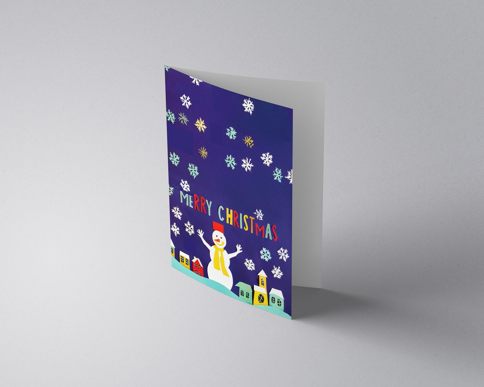 Artistic Christmas Greeting Card Snowman Paper Cut Scene Colorful Modern Design Festive Decor