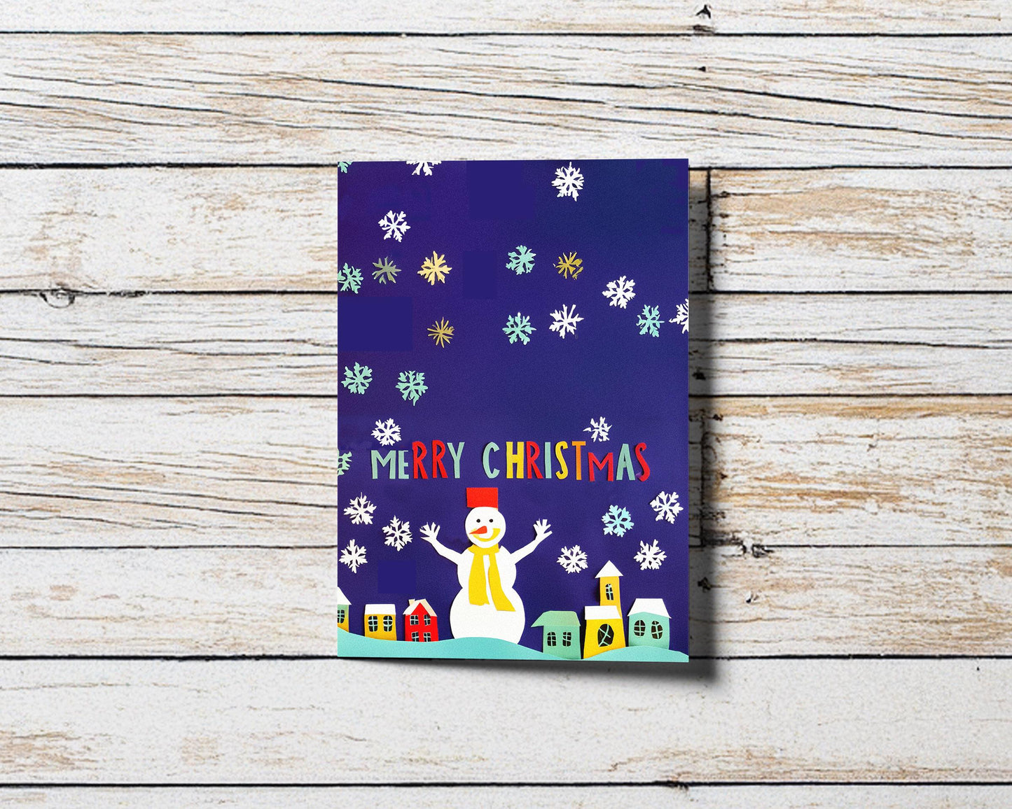 Modern Christmas Card Paper Cut Snowman Festive Greeting Colorful Art Print Holiday Decor