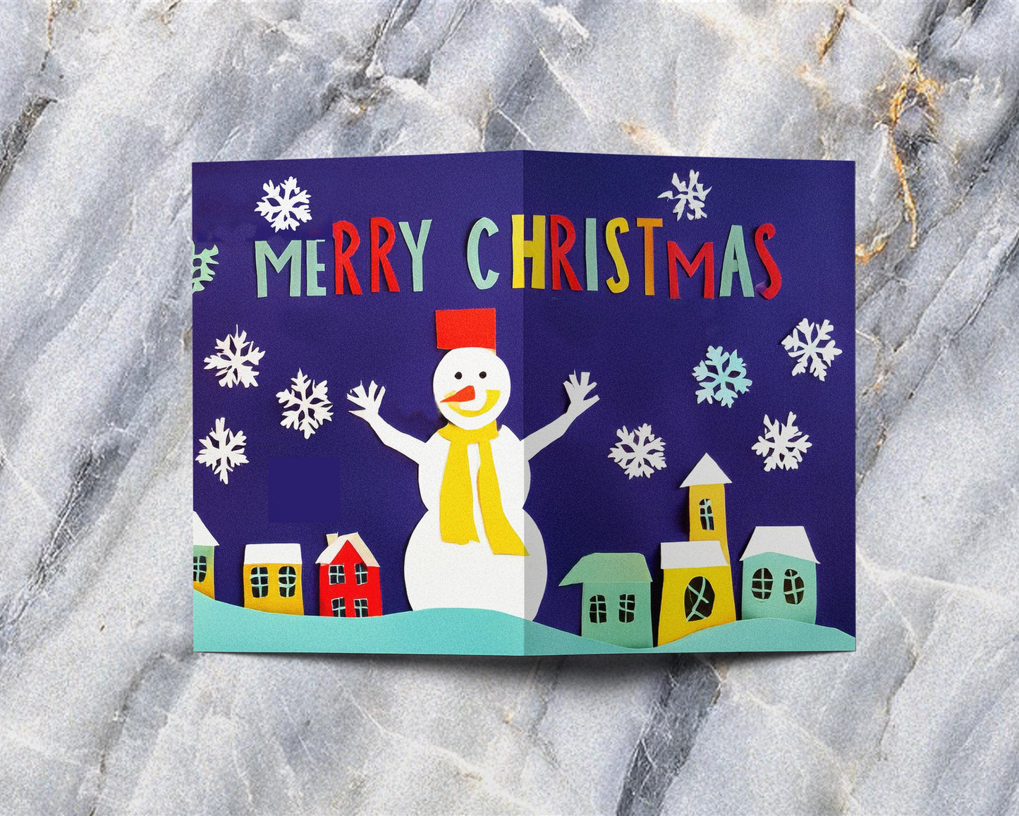 Cheerful Christmas Card Snowman Village Scene Colorful Art Print Holiday Greeting Purple