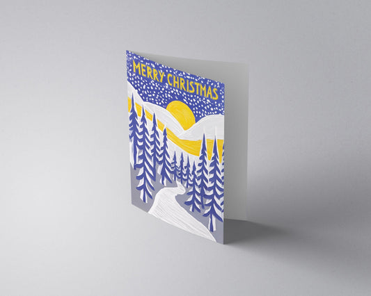 Stylized Christmas Landscape | Contemporary Holiday Card | Mountain and Forest Scene