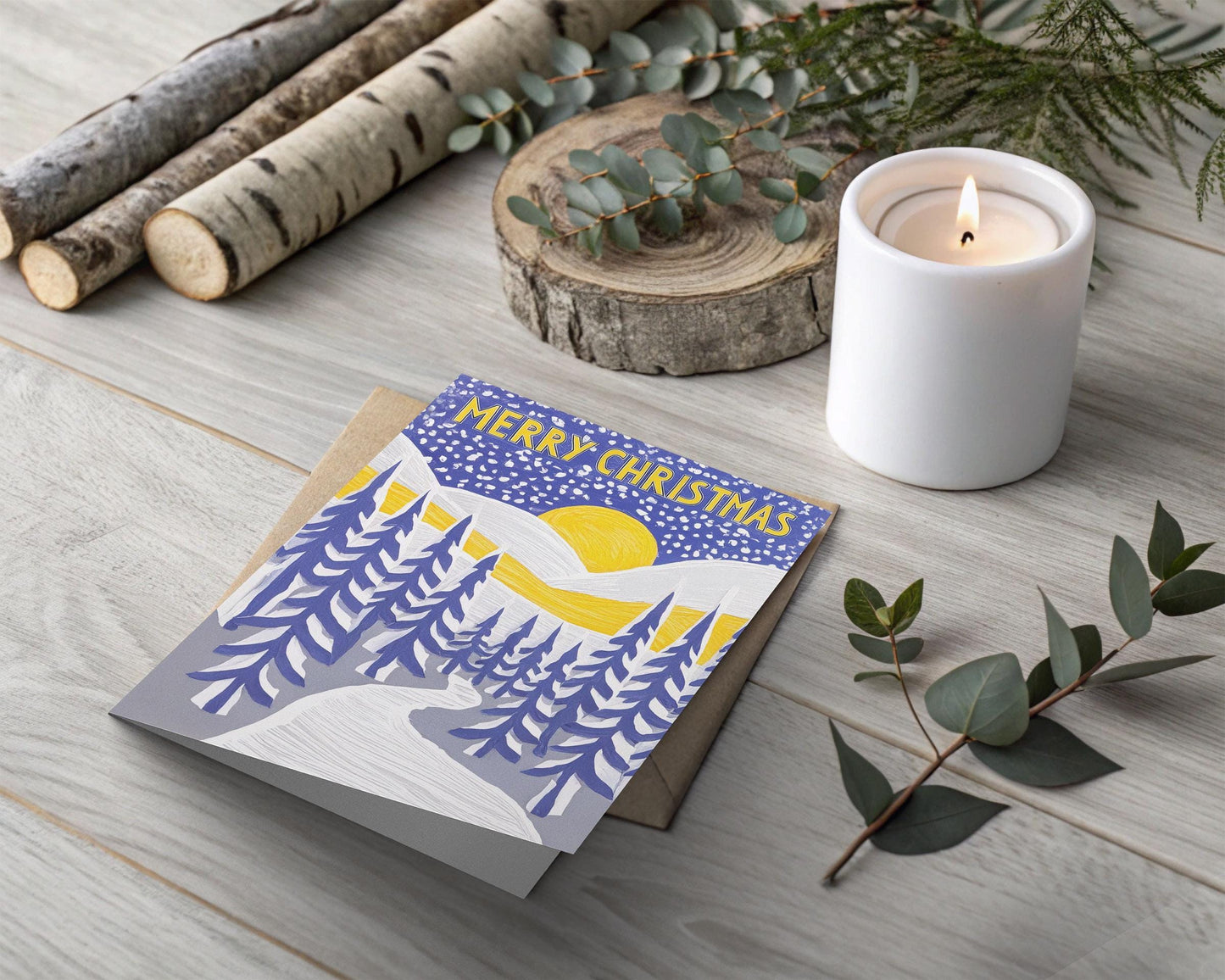 Blue and Yellow Christmas Card | Modern Mountain Scene | George Miller Stylized Art