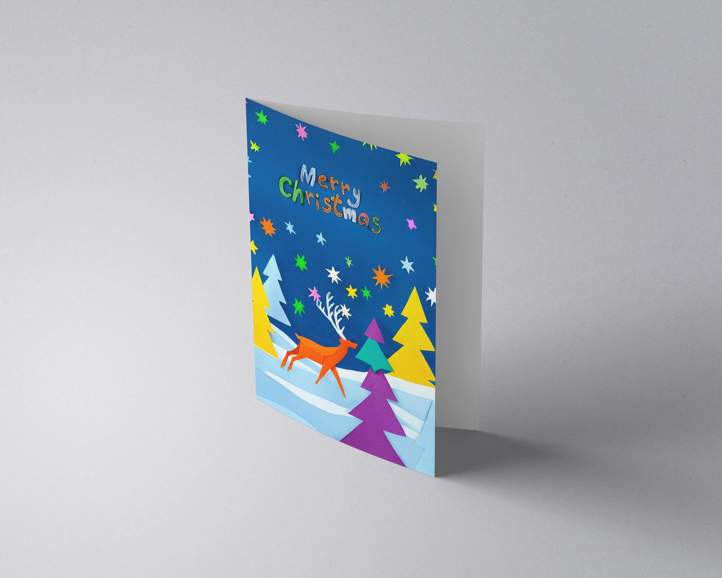 Artistic Holiday Card | Vibrant Christmas Scene | Playful Reindeer | Geometric Trees | Starry Sky