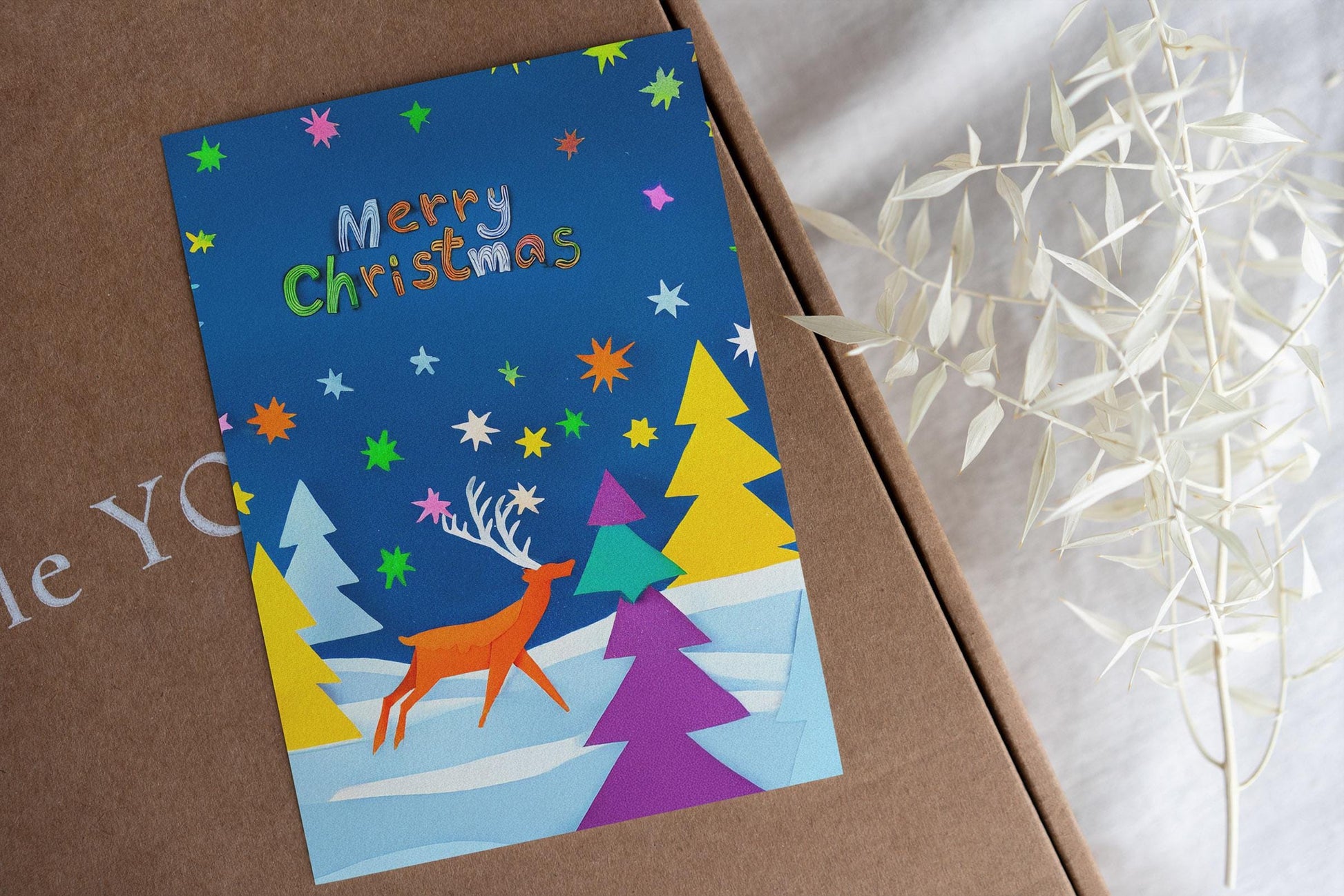 Modern Merry Christmas | Whimsical Winter Card | Colorful Festive Art | Cheerful Reindeer Design