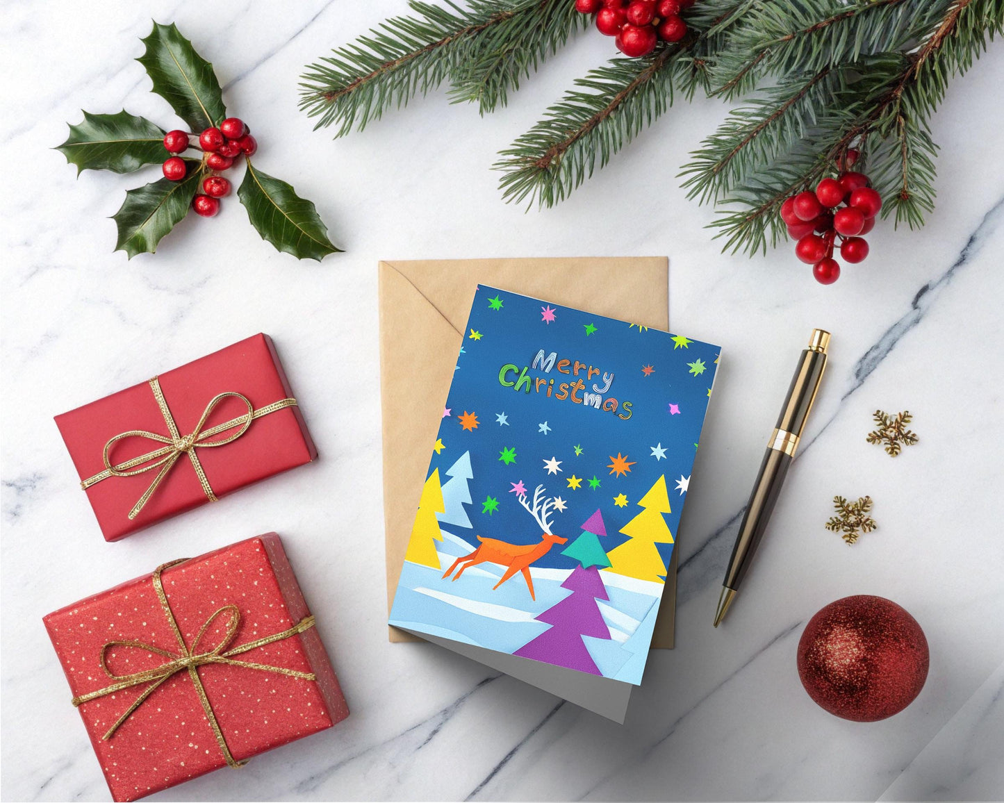 Contemporary Christmas | Whimsical Reindeer Art | Colorful Starry Design | Festive Trees Card