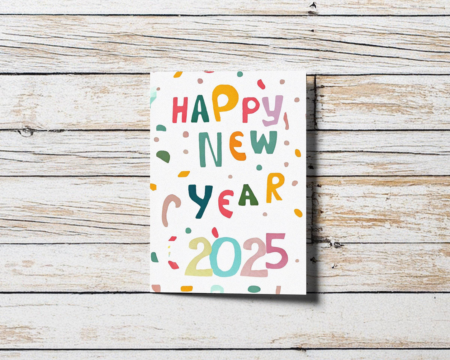 Happy New Year 2025 Card | Colorful Artistic Confetti | Cheerful Hand-Drawn Greeting | Celebration Card