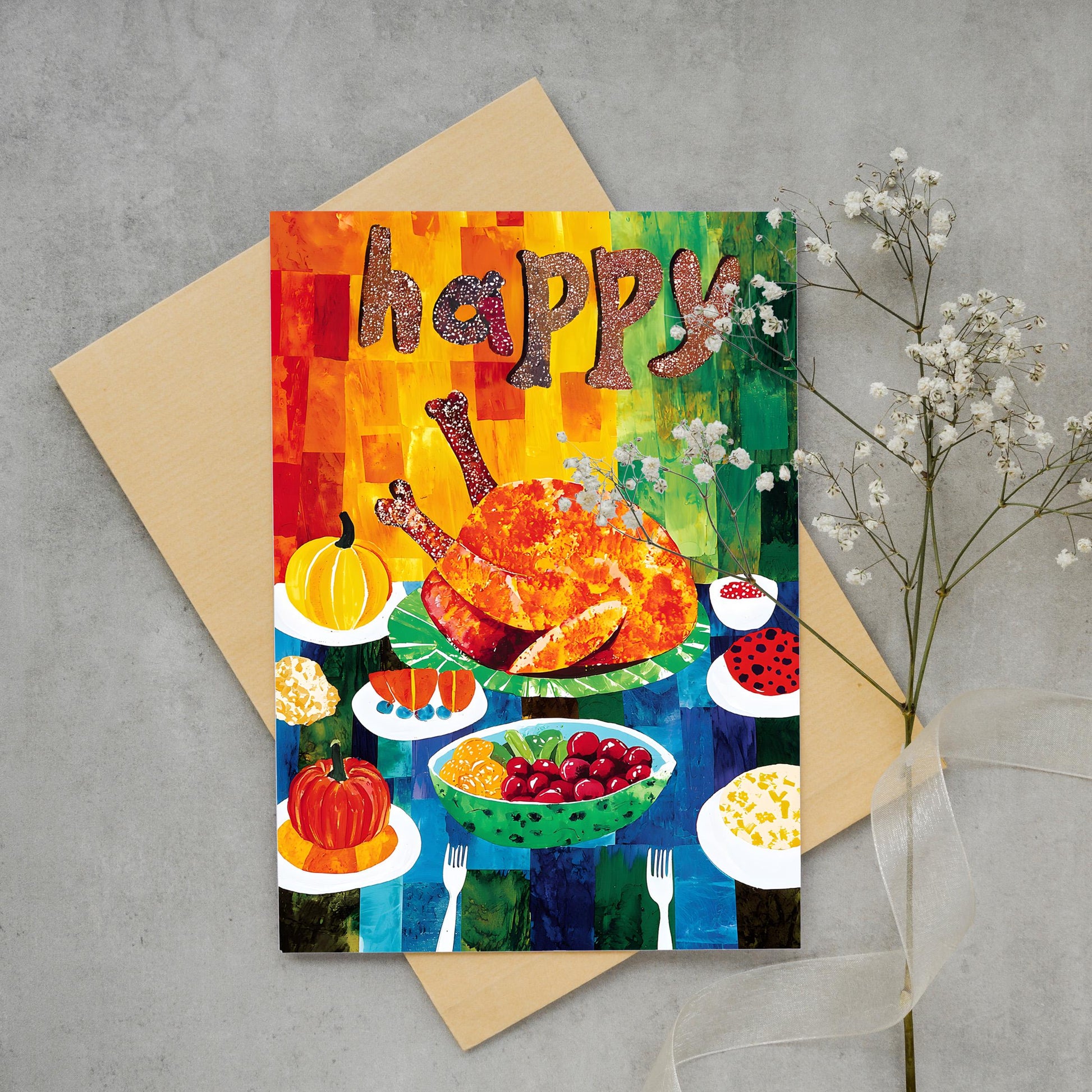 Thanksgiving Digital Card | George Miller Art | Colorful Turkey Feast | Instant Download