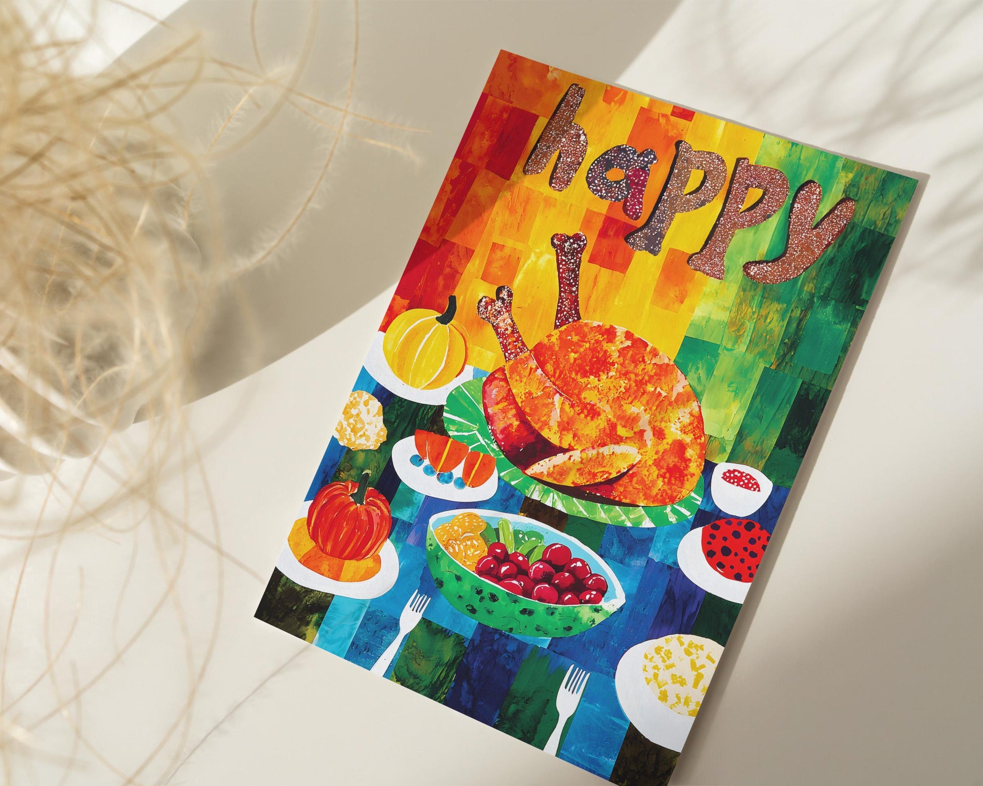 Thanksgiving Digital Card | George Miller Art | Colorful Turkey Feast | Instant Download